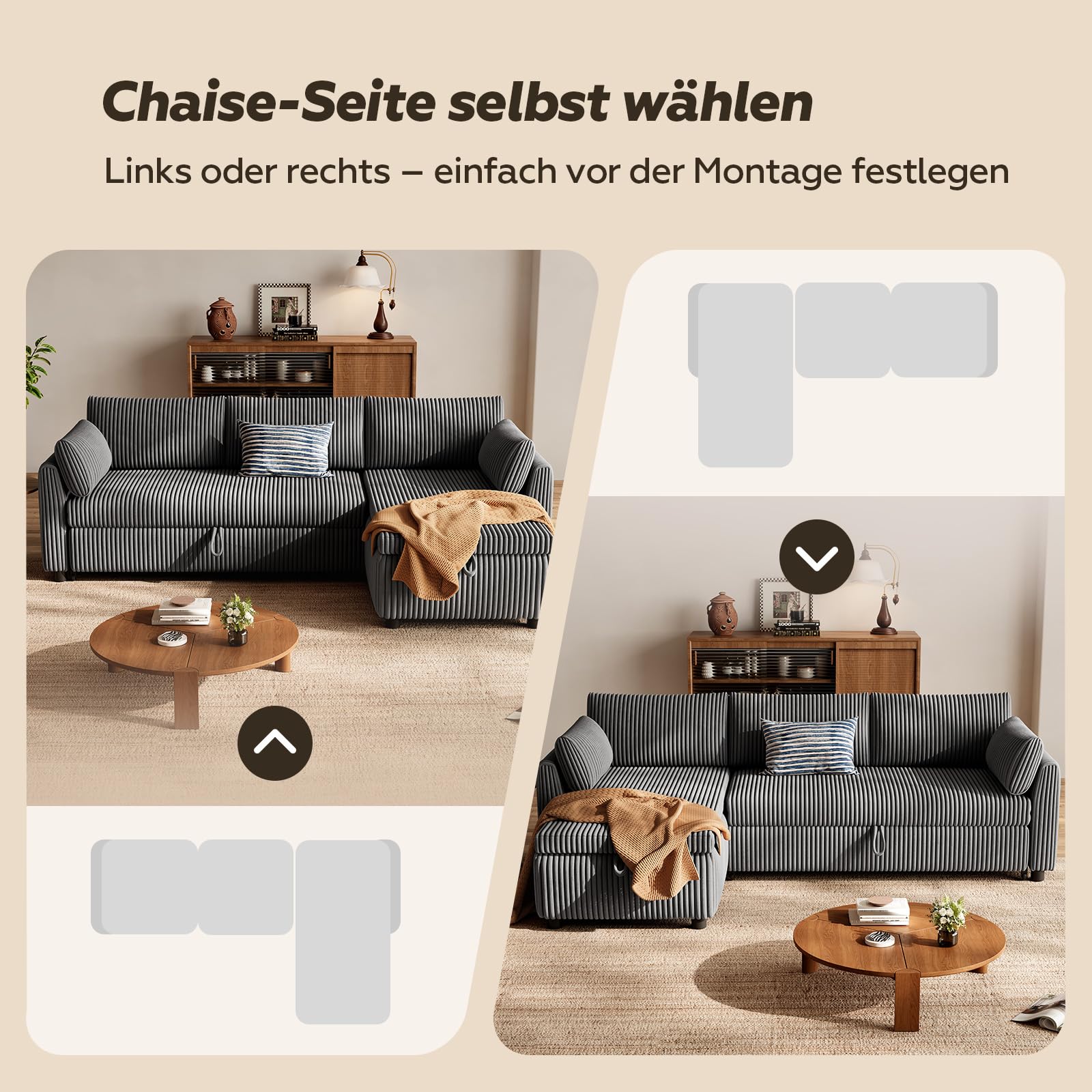 HOMRELEXA Ecksofa mit Schlaffunktion, Cord-Bezug Schlafcouch in L-Form, Schlafsofa Ausziehbar, Ausziehbares Sofa mit Stauraum, Umkehrbare Chaiselongue (Links oder rechts), Grau