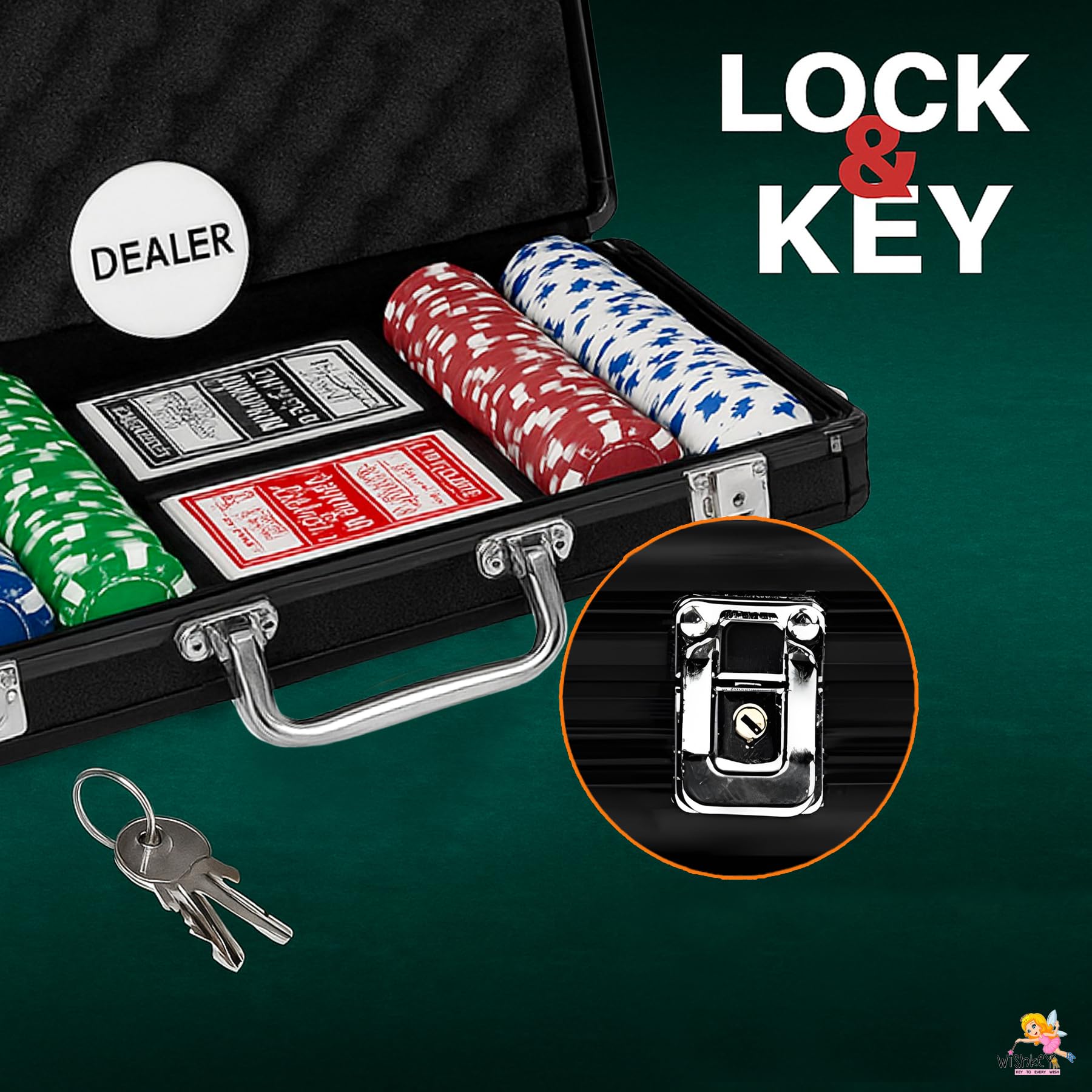 WISHKEY Black Casino Style Poker Set, 300 Pcs Ceramic Printed Denomination Chips with Lockable Aluminum Finish Case 2 Decks of Cards 5 Dice 1 Dealer Button 2 Keys Classic Multiplayer Game, 14+ Years 1