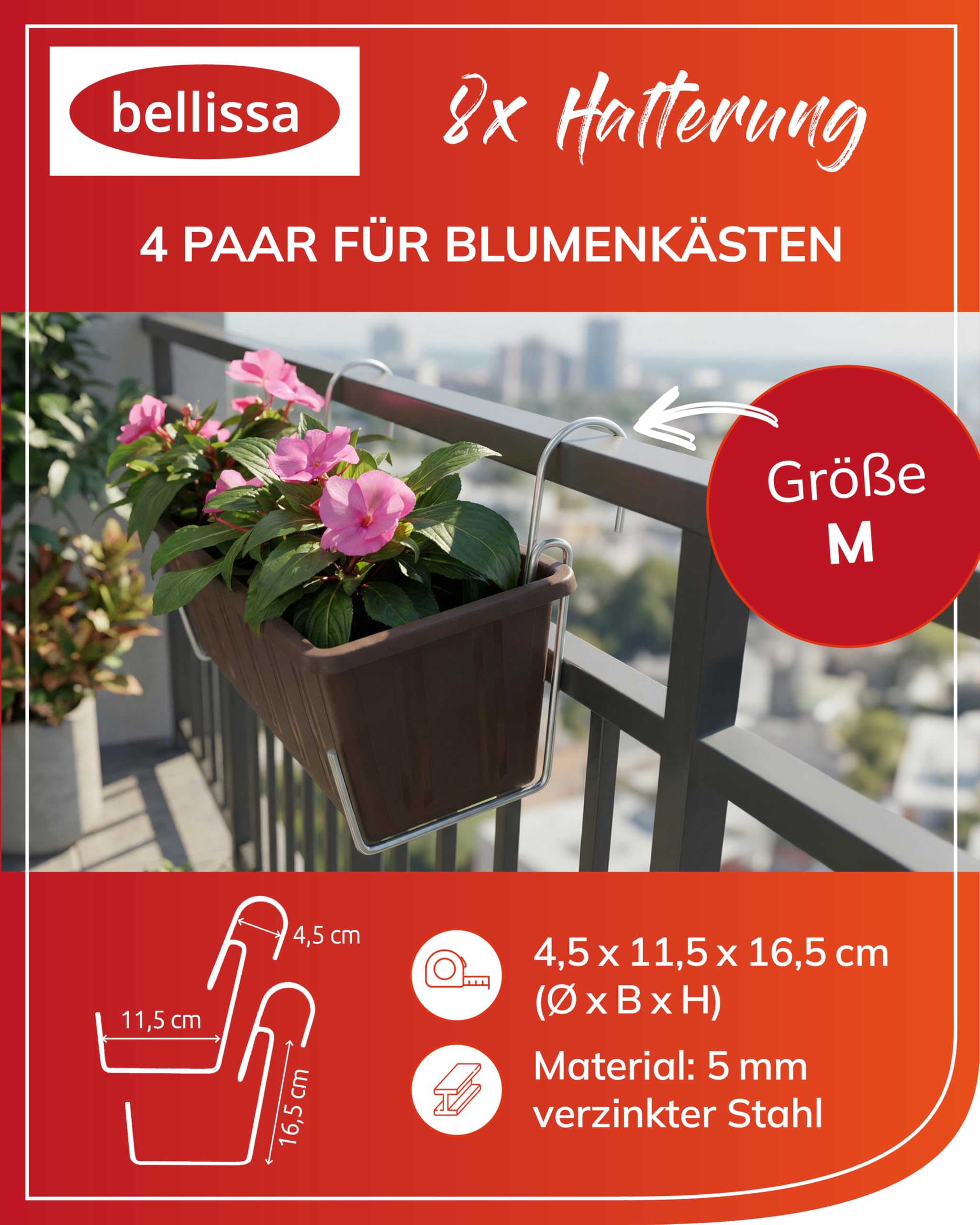 bellissa - Blumenkastenhalterung (8 Stck) Balkonkasten-Halterung fr  Gelnder und Fensterbank  Haken fr Blumenksten (ohne Bohren) fr  Balkongelnder aus verzinktem, wetterfesten Stahldraht: Amazon.de: Garten