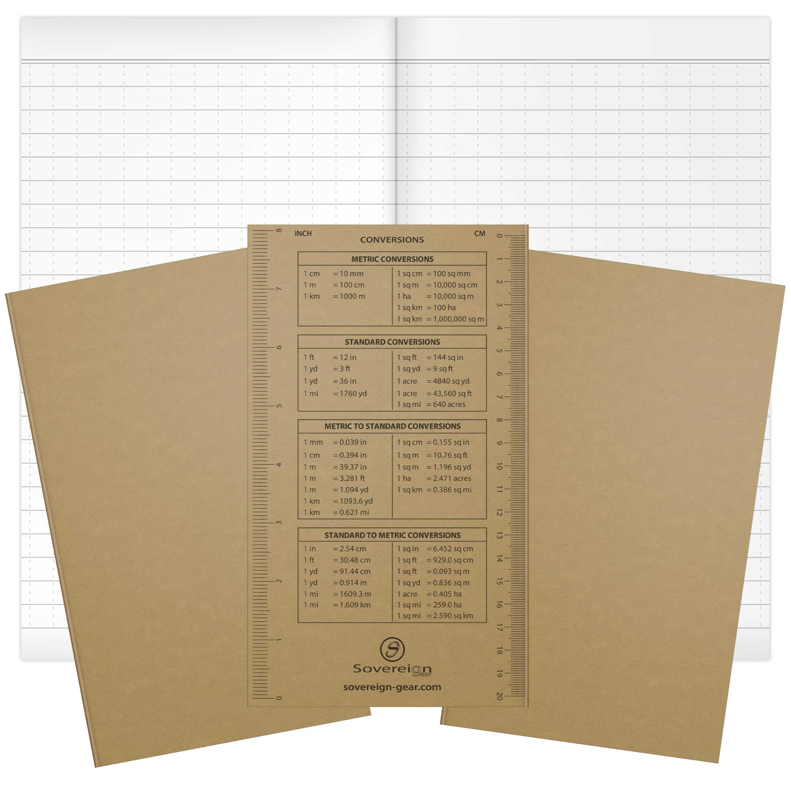 Sovereign-Gear Engineer Field Notebook Refill 3-Pack โ 21x11cm Universal White Paper Journal with Metric & Imperial Conversion Charts & Ruler โ Stitched Pocket Field Book for Study & Outdoor Work
