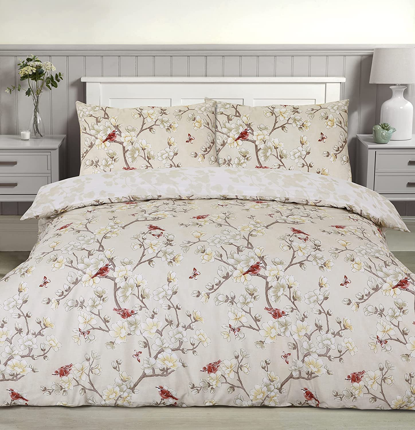 Night Comfort Chinoiserie Birds - Multicolour King Size Duvet Cover Sets – Modern Printed Polycotton Duvet Cover With 2 Pillowcovers – Easy Care Bedding Set