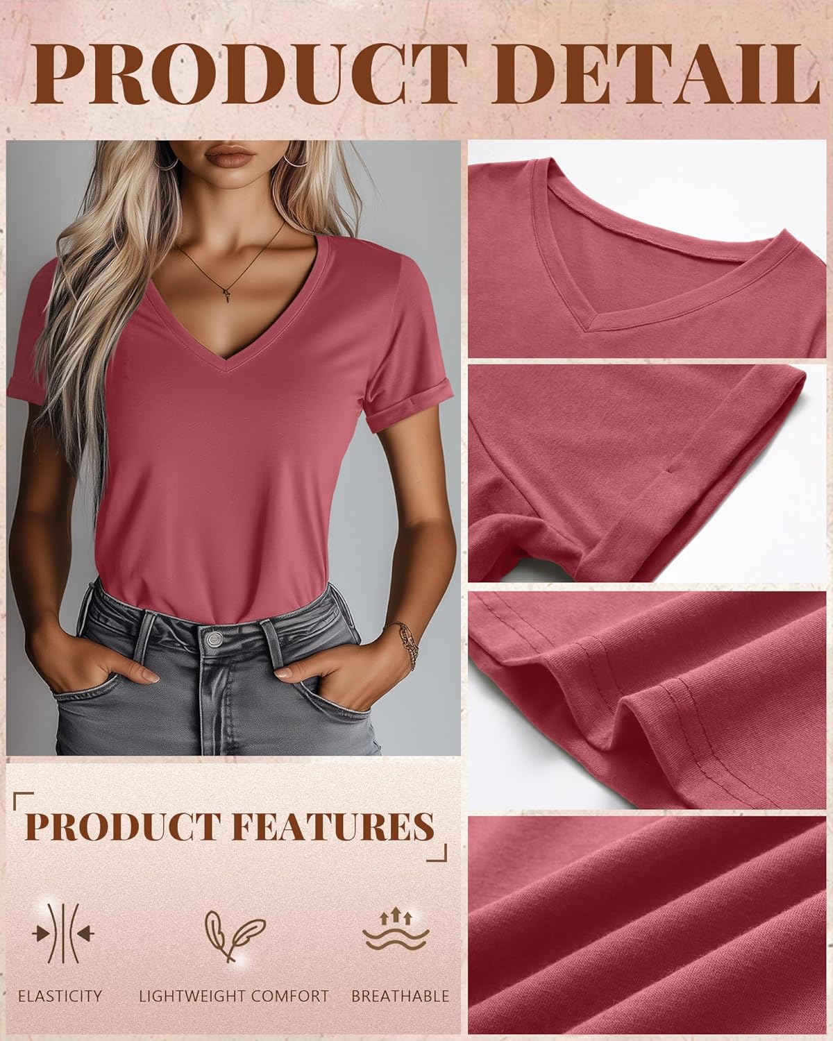 Ficerd 3 Pack Women's V Neck T Shirts, Summer Casual Short Sleeve Tops Loose Fit Rolled Sleeve Tees Trendy Shirts - Image 5