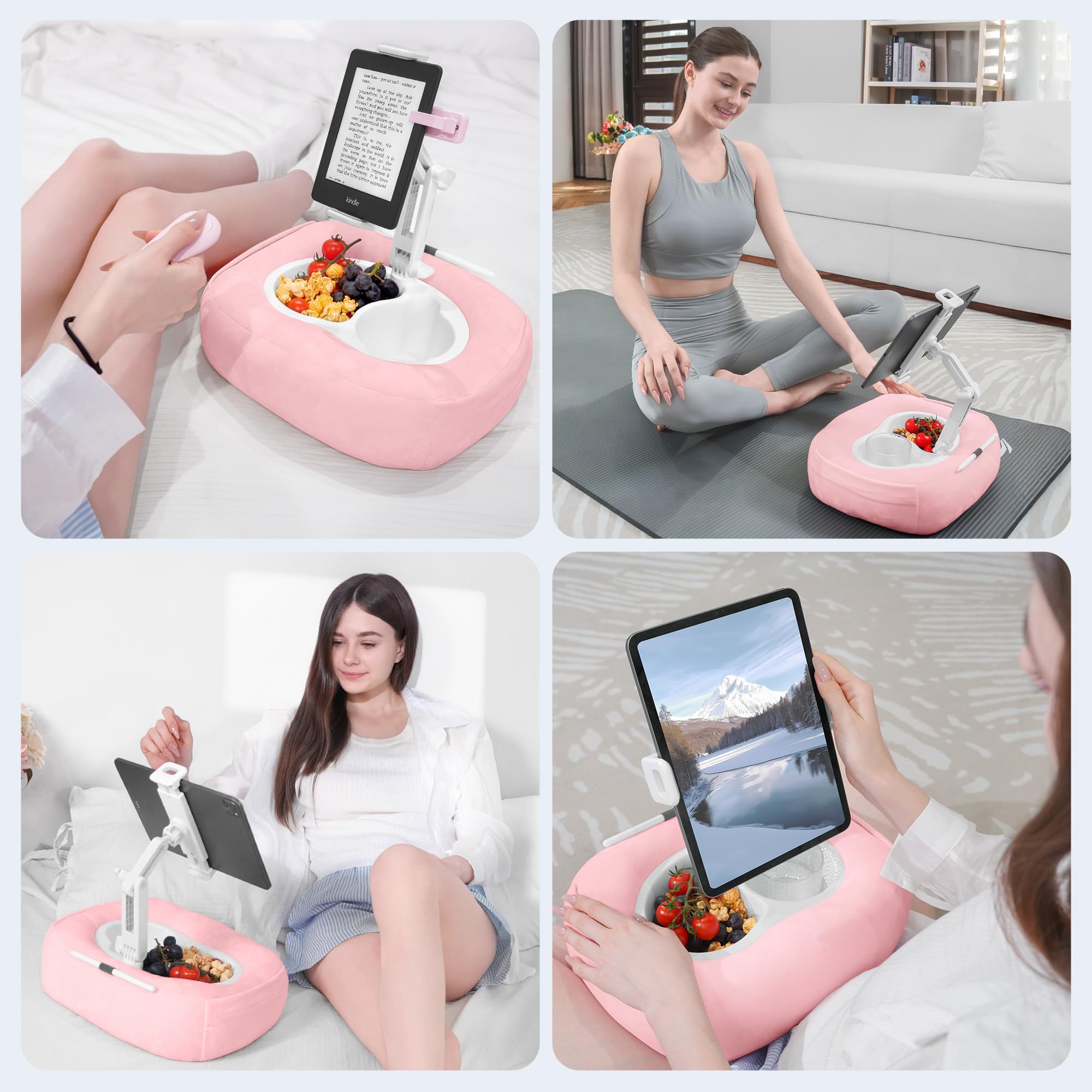 Soporte de cojín para tableta, soporte para Kindle con 2 cuencos para aperitivos, soporte ajustable de 360 ° para iPad de 4,7 a 13 pulgadas, iPad, Kindle, smartphone, accesorios Kindle en