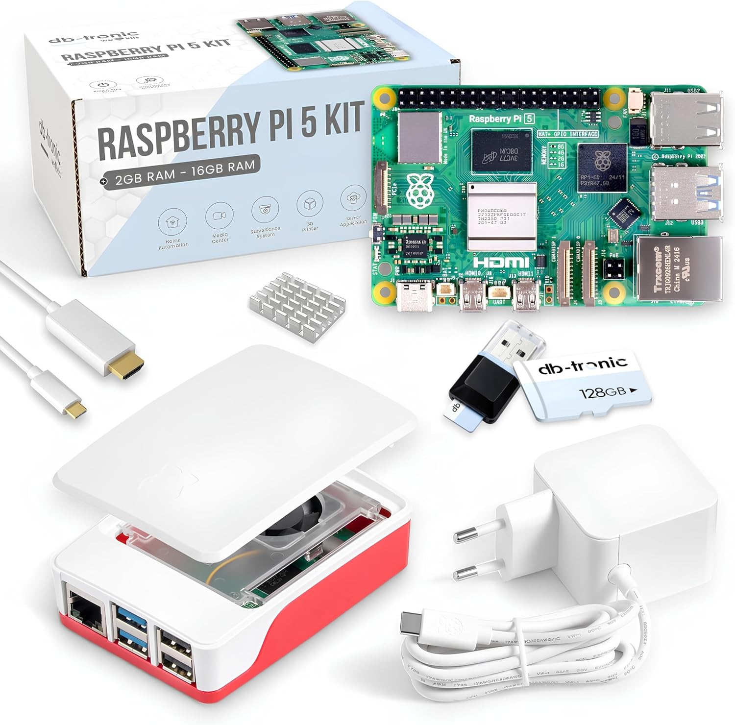 Raspberry Pi 5 8 Go Starter-Set | Édition 128 Go | Alimentation Officielle 27W | Boîtiers Officiel avec Ventilateur | Câble Micro HDMI 4K 1 m | dissipateur Thermique en Aluminium