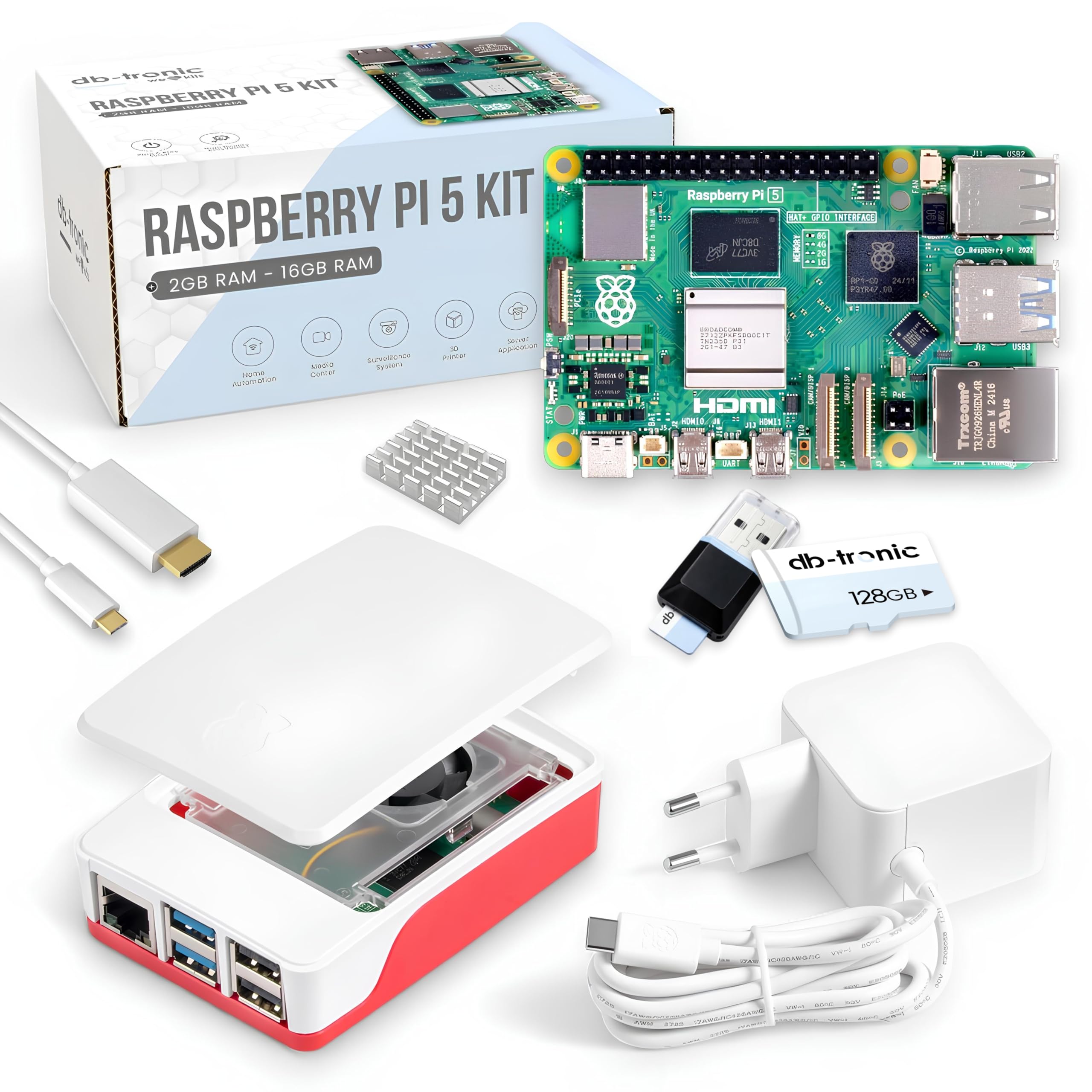 db-tronic Raspberry Pi 5 8GB Starter Set | 128GB Edition | Netzteil 27W | Gehäuse mit Lüfter | 4K Micro HDMI Kabel | Ideal für Smart Home, Retro Gaming & Home Assistant