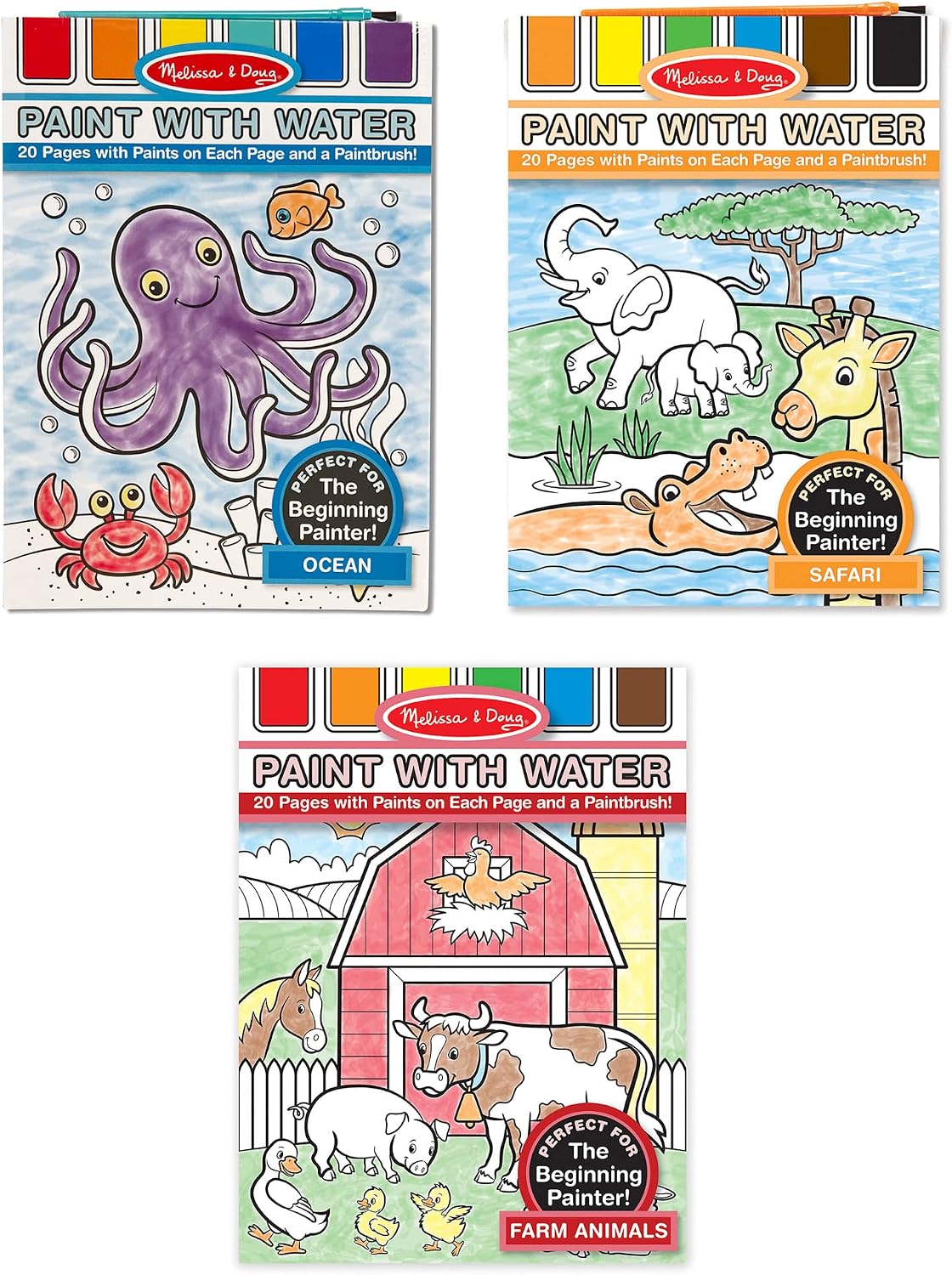 Melissa & Doug Paint With Water Activity Books Set: Farm, Ocean, Safari