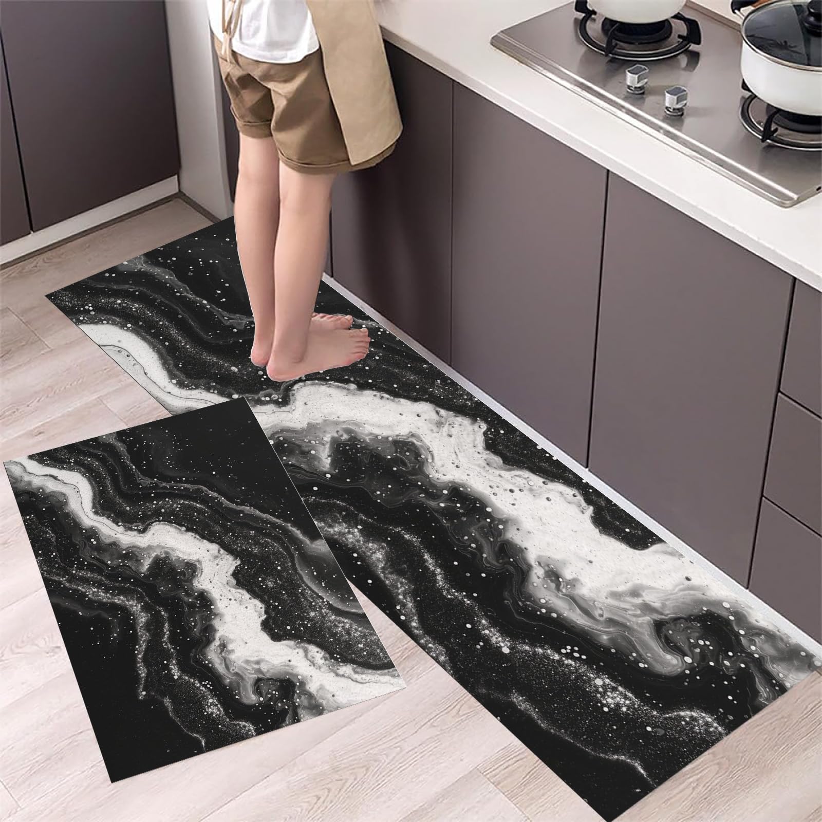 Tapis de cuisine antidérapants devant évier et plan de travail marbre abstrait