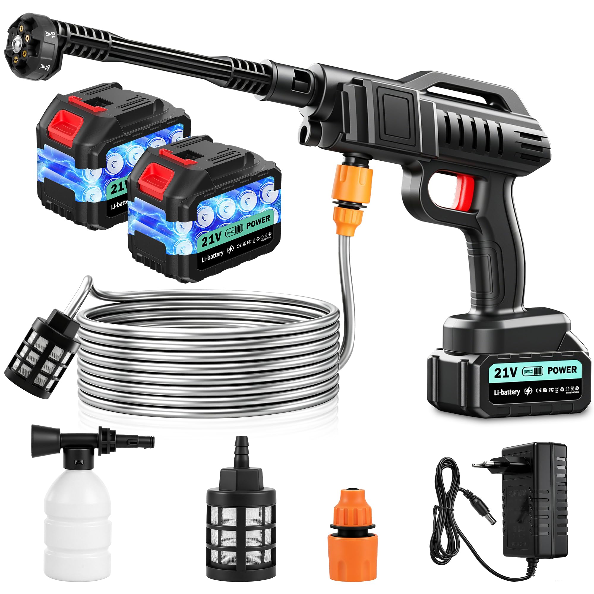 Limpiador de alta presión con batería, 100 bar, 270 L/H, pistola portátil con 2 baterías de 3000 mAh para coche y terraza, pistola de lavado móvil, boquilla ajustable 6 en 1, manguera de 5 m