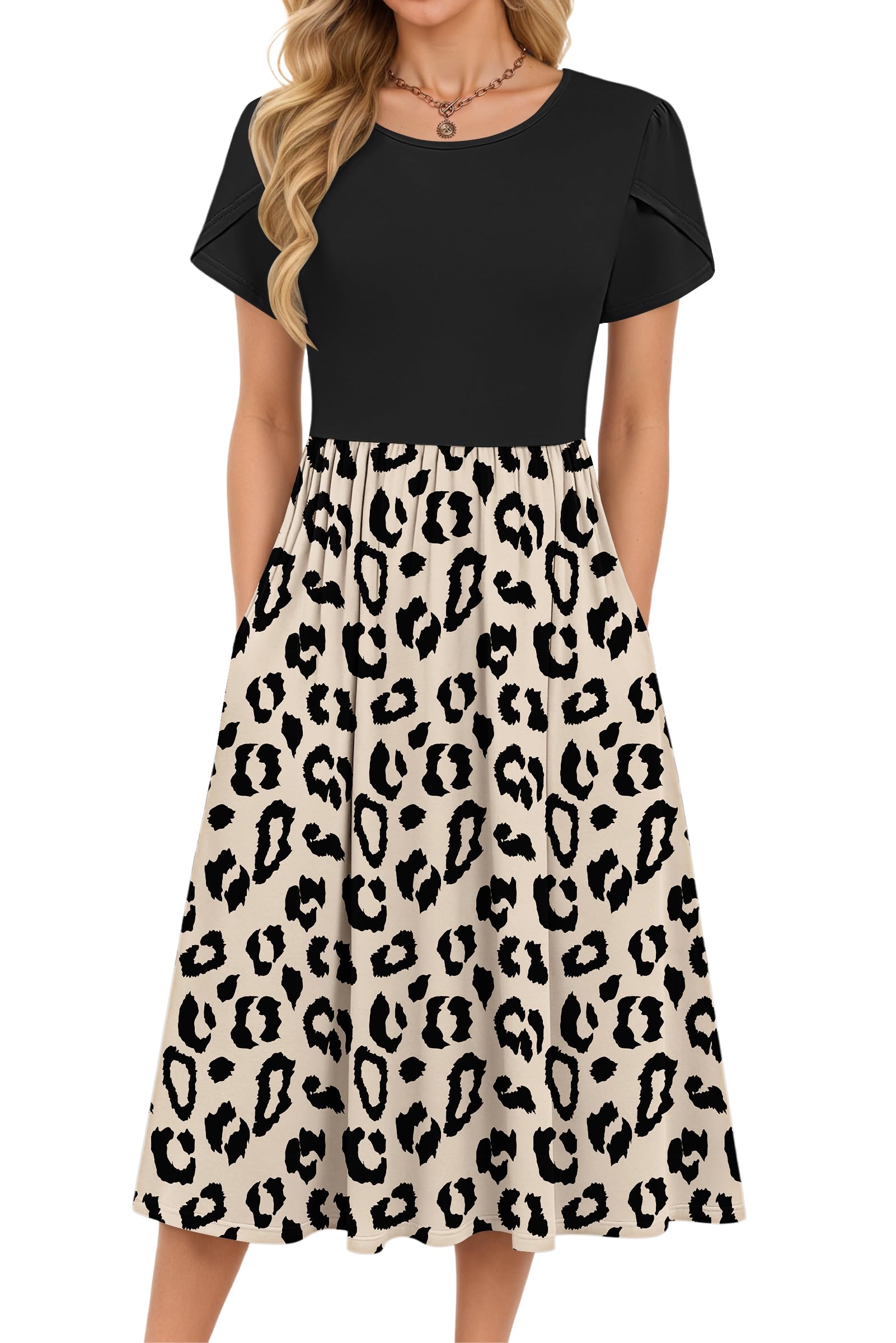 Molerani Women's 03-Dot Leopard Summer Dresses For Uk - Round Neck Short Sleeve Elegant Tunic Dress Classic Midi Dress With Pockets Dot Leopard Xl