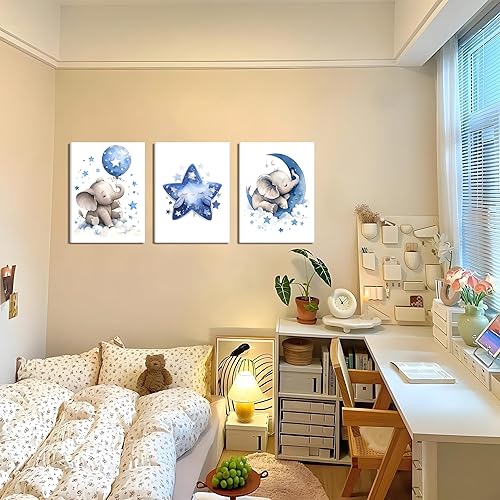 Miniatura 5 de Juego de 3 lienzos de pared en lienzo para el cuarto del bebé, elefante azul, luna y estrellas, pintura para decoración de pared, bonitos pósteres