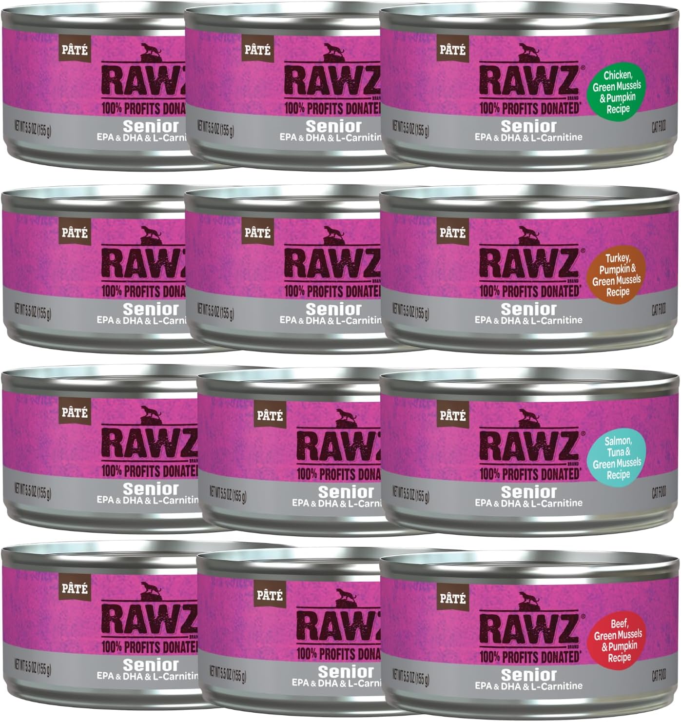 Rawz Natural Premium Pate Canned Wet Food for Senior Cats -12 Pack Cans Variety Flavor Bundle Pack -4 Flavors - (Salmon, Chicken, Tuna, Beef) with Hotspot Pets Can Lid - (5.5 oz Cans)