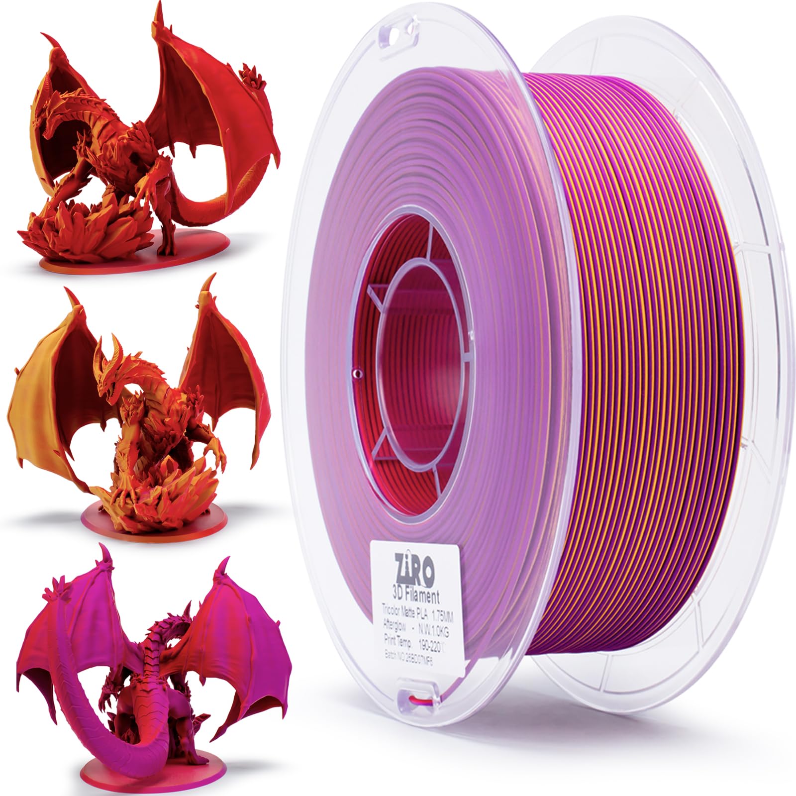 ZIRO PLA Filament 1.75mm, Matte Multicolors 3D Printer Filament, Color Change with Angle, Tri-Colors 3-in-1 Chrome, Dimensional Accuracy +/-0.03mm,