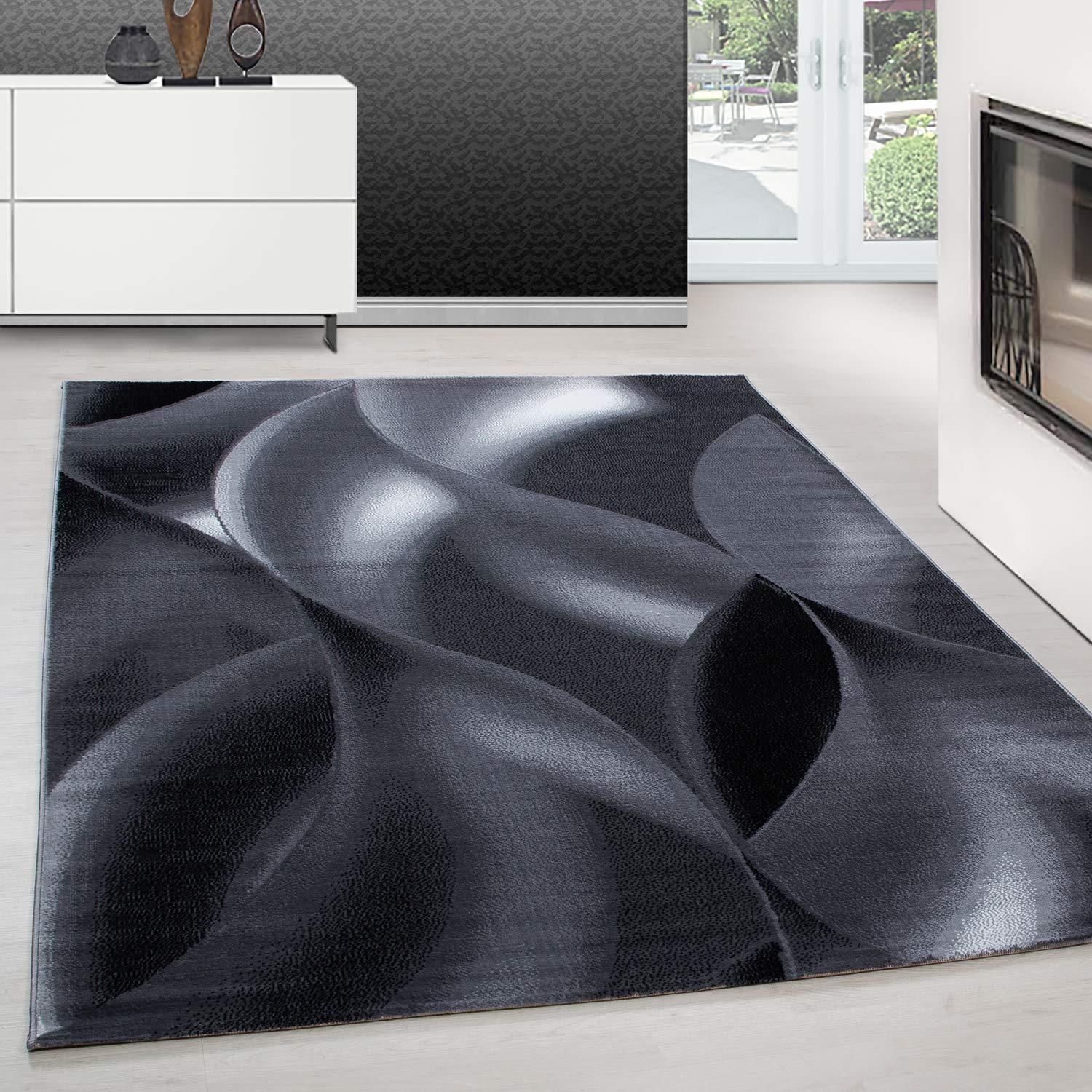 Teppium Moderner Kurzflor Teppich Läufer Flur 80 x 300 cm Schwarz - Flauschiger Teppich Waschbar, Abstrakt Wellen Design, Pflegeleicht, Weich - Ideal als Bettvorleger im Schlafzimmer und Küchenläufer