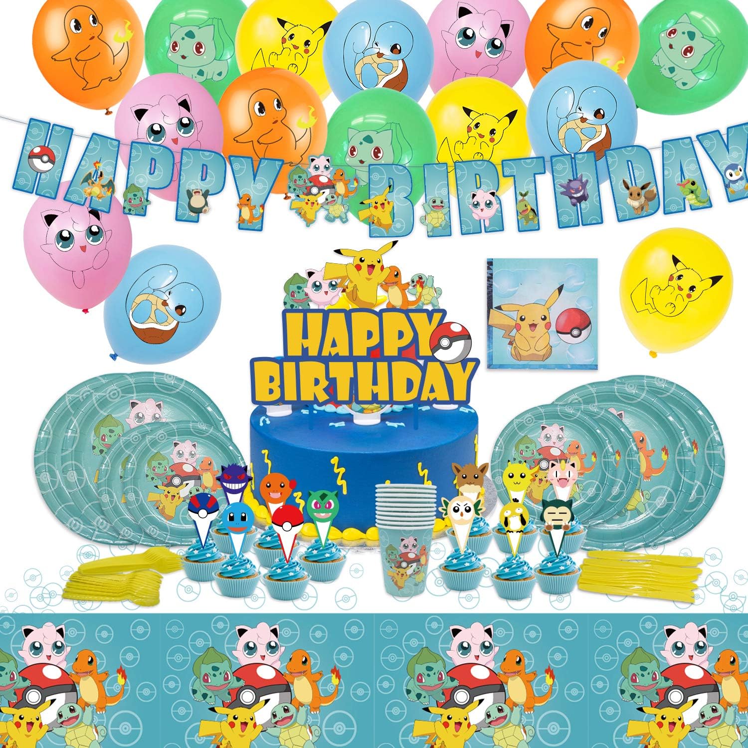 Birthday Party Supplies for Kids and Boys Birthday Decoration Includes Birthday Cake Decorations Plates Tablecloth Cake Topper Balloons Plates Napkins Knife Spoon Fork Paper Cups