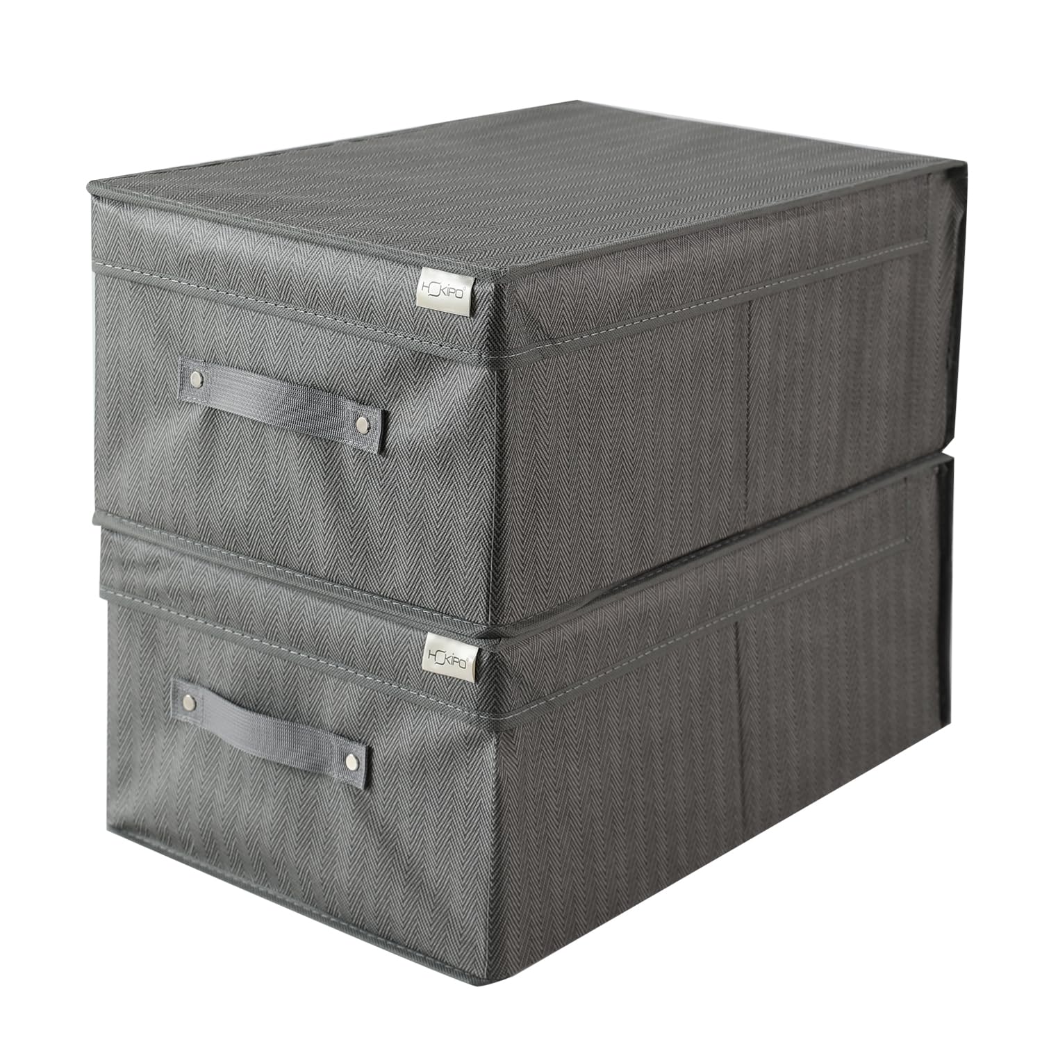 HOKIPO Fabric Cloth Storage Wardrobe Organiser Box With Lid, Size - 45 X 30 X 20 Cm (Pack of 2), Grey, Rectangular-image-27