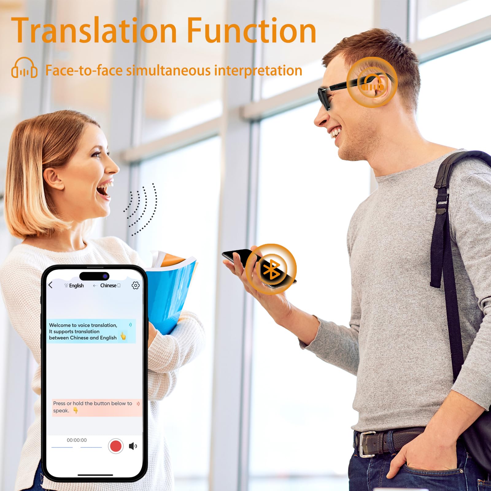 Gafas Inteligentes con Bluetooth, AI Translator Gafas de Sol Hombre y Mujer con Micrófono para Llamadas por Smartphone Escuchar Música Anti UV Impermeables, 110+ Idiomas