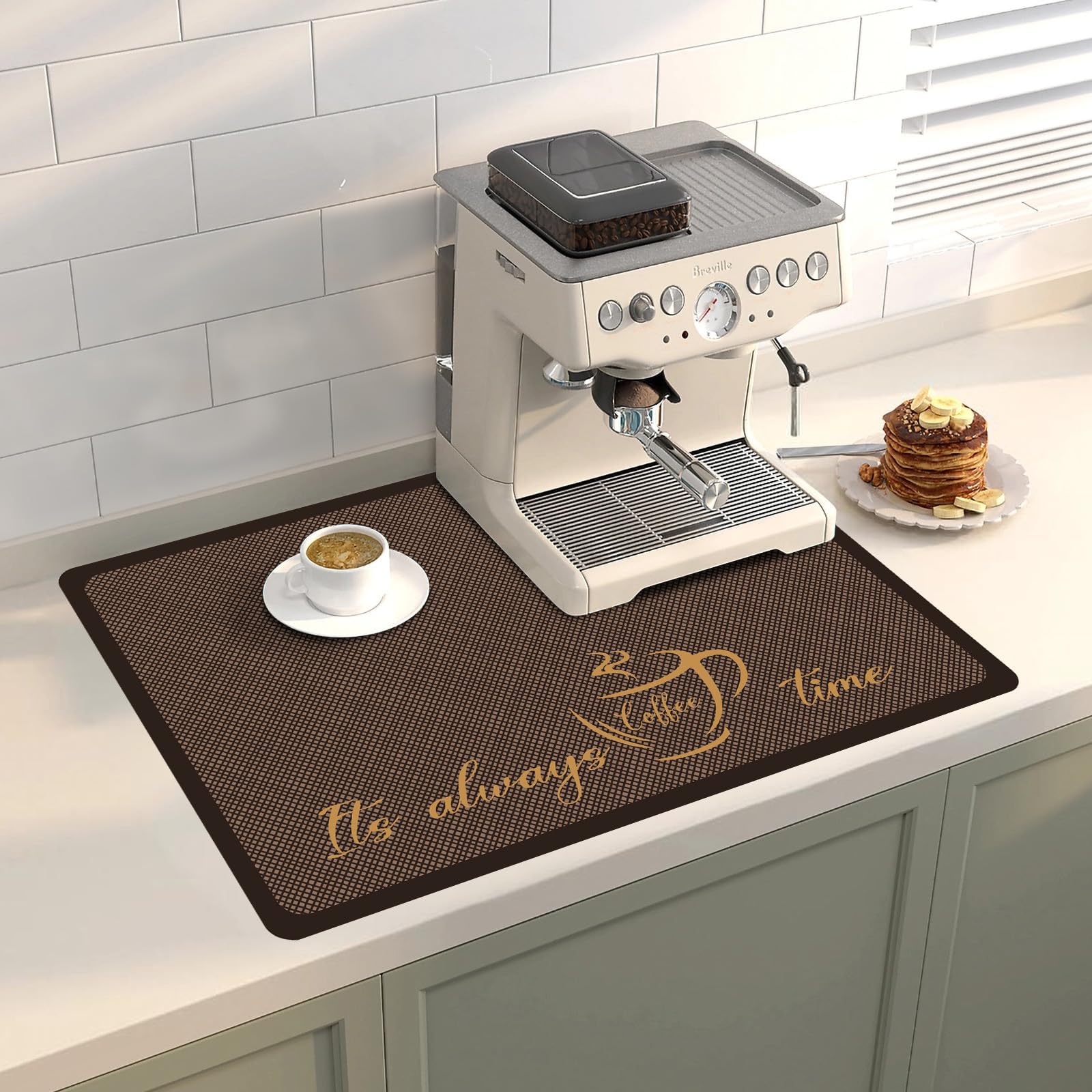 Coffee Bar Mat Hide Stain Rubber Backed Absorbent Drying Mat Modern Kitchen Drying Mat Easy Clean,Fit Under Coffee Maker Machine And Accessories-12"x19",Brown Grid