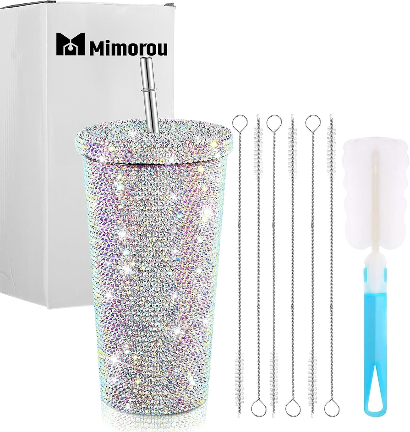 Mimorou Studded Bling Diamond Tumbler Glitter Water Bottle with Lid Stainless Steel Vacuum Thermal Straw Rhinestone Tumbler with 1 Pcs Cup Brush 6 Pcs Straw Brushes for Women(16.9 oz,AB Color) - Image 8