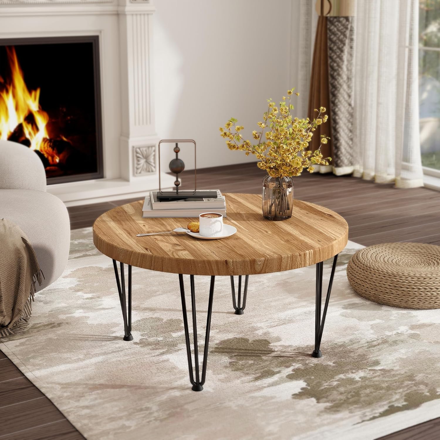 Fun Memories Round Coffee Table - Elm Wood Nesting Table with Metal Legs & Non Slip Feet Base - Rustic Nesting End Tables for Living Room Bedroom - 20" D x 20" W x 16" H - Natural Color