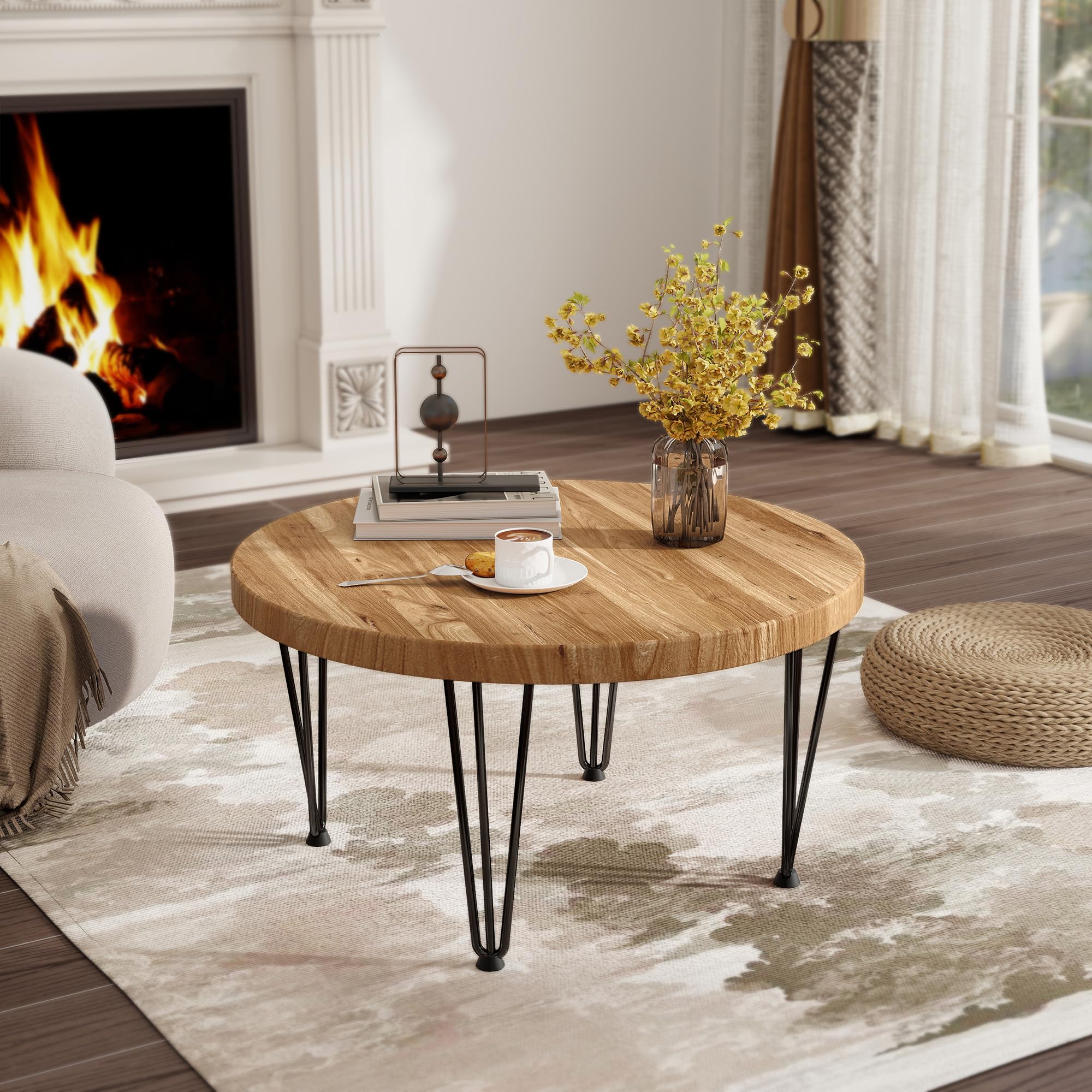 Photo 1 of ****CHECKED 7/12 - AS IS/NO RETURNS - SALE FINAL - FOR PARTS ONLY****Fun Memories Round Coffee Table - Elm Wood Nesting Table with Metal Legs & Non Slip Feet Base - Rustic Nesting End Tables for Living Room Bedroom - 27.5" D x 27.5" W x 16" H - Natural C