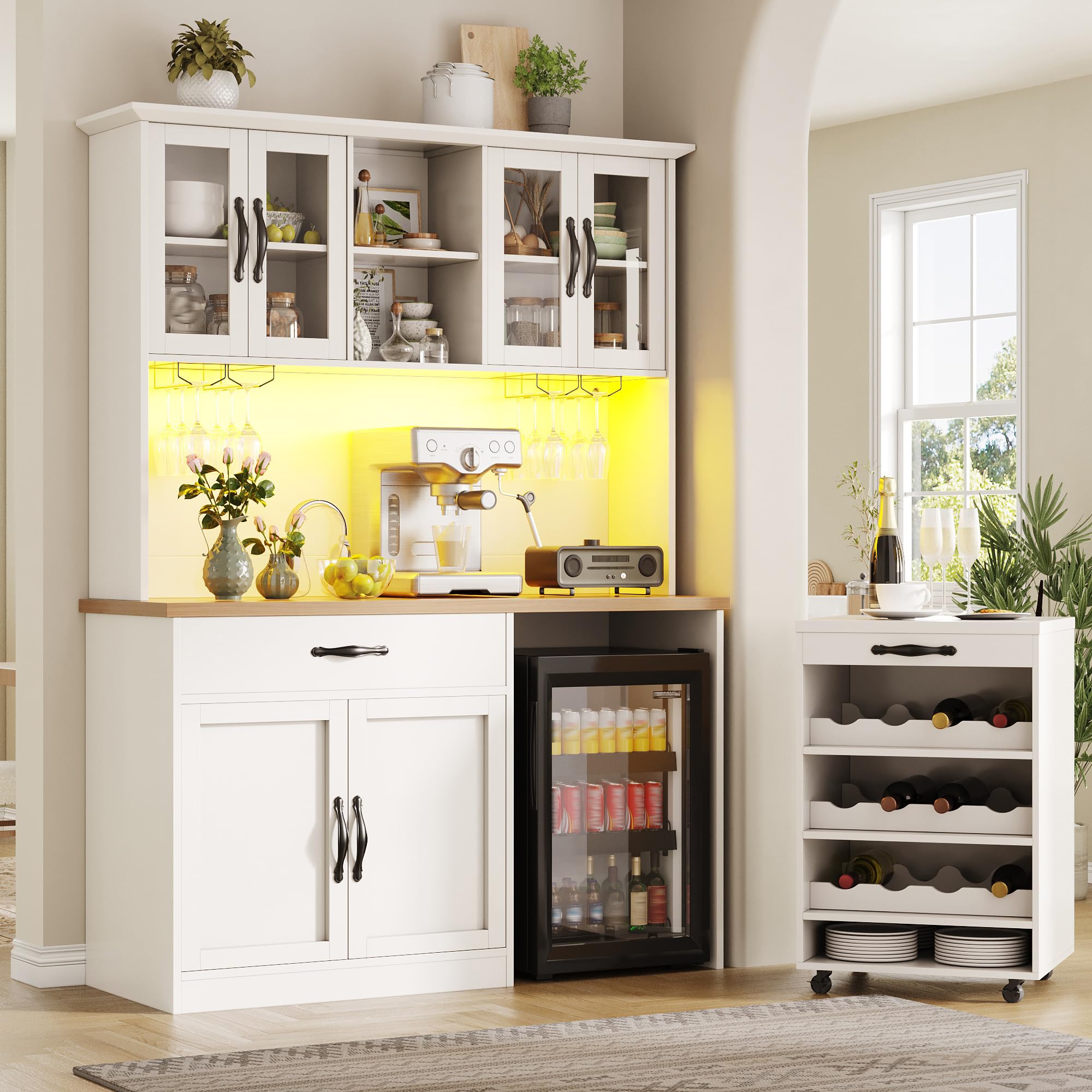 Armadio da cucina da 140 cm con carrello, armadietto alto, bianco, 140 x 38 x 180 cm, dispensa con mensola per bicchieri da vino e scaffale per vino, credenza per soggiorno, sala da pranzo