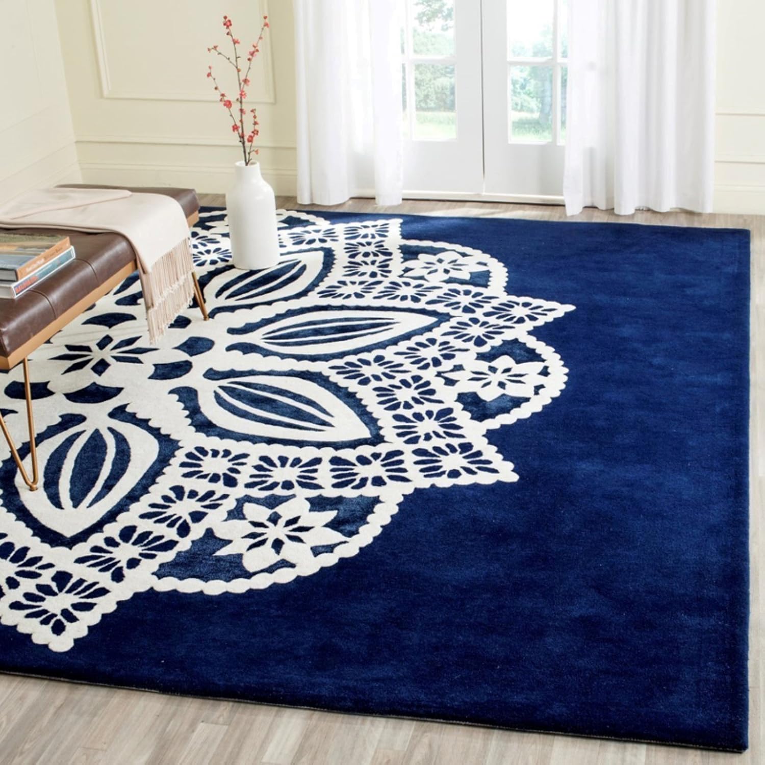 SAFAVIEH Allure Collection Area Rug - 8' x 10', Navy & Ivory, Handmade Mandala Wool, Ideal for High Traffic Areas in Living Room, Bedroom (ALR122A)