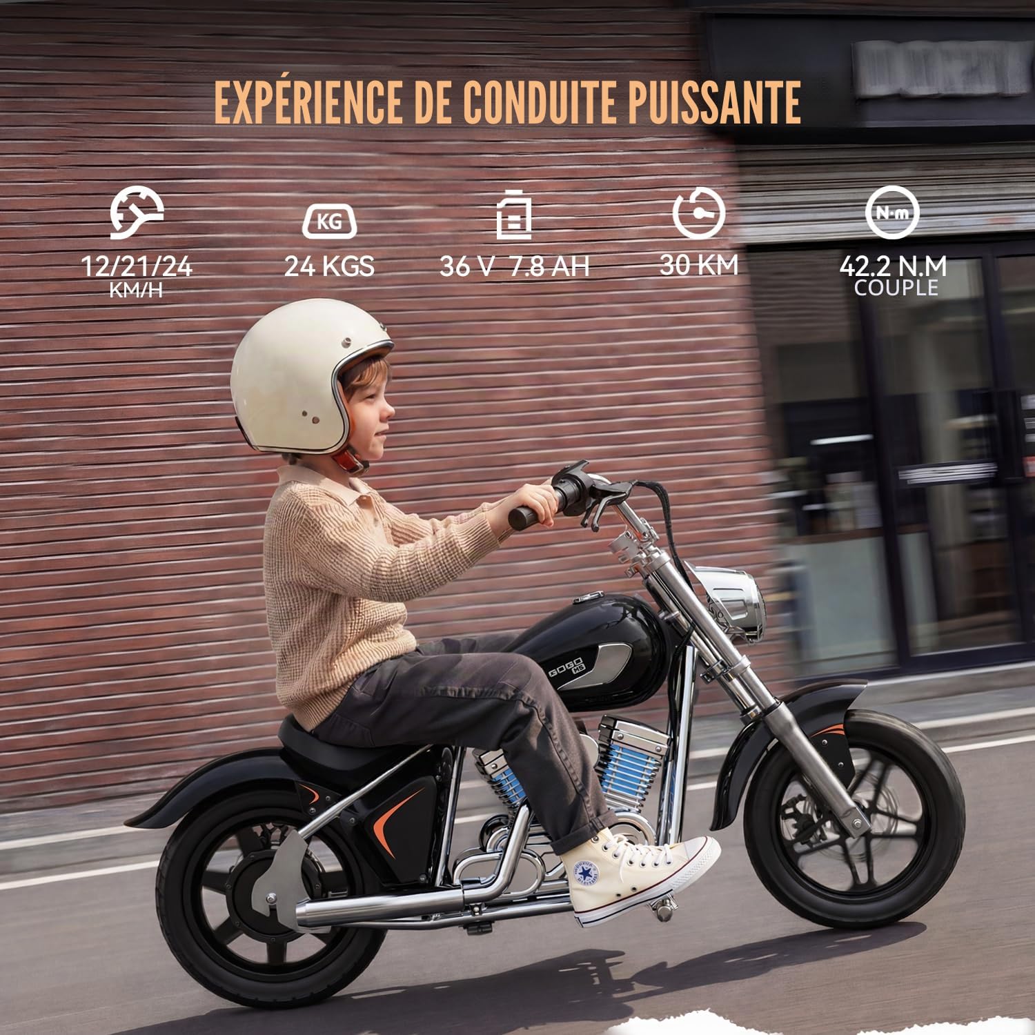 HYPERGOGO M5 Motocross Électrique pour Enfants – Moto Électrique avec 3 Vitesses, Pneus 14", Haut-Parleur Bluetooth, Contrôle Via Application & Effets LED