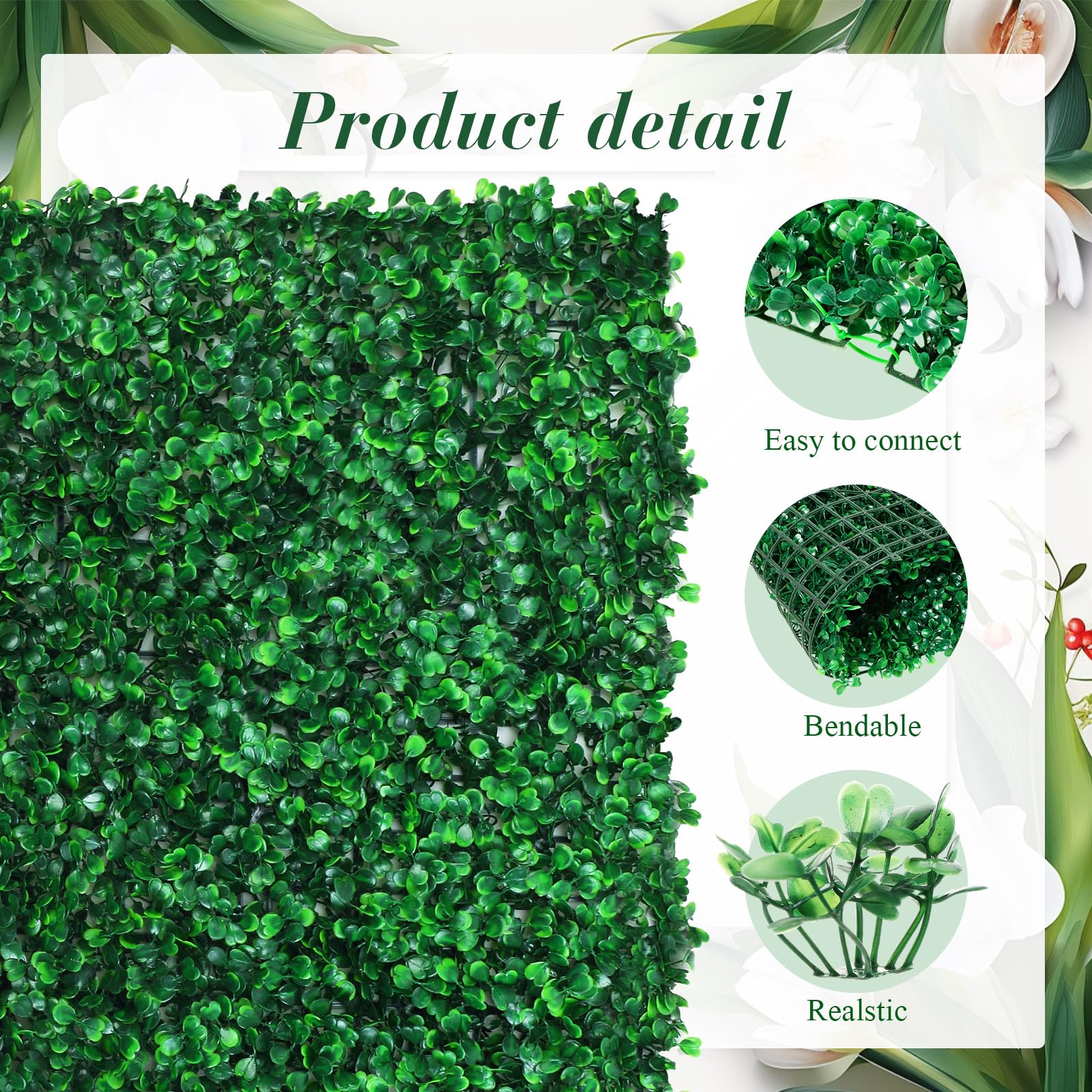 18 Stück 40,6 x 61 cm Graswandpaneele künstliche Hecke Buchsbaumplatten mit 36 Stück 100 cm weißen Glyzinien hängende Blumengirlande für drinnen und draußen, Grünhintergrund, Zaun,