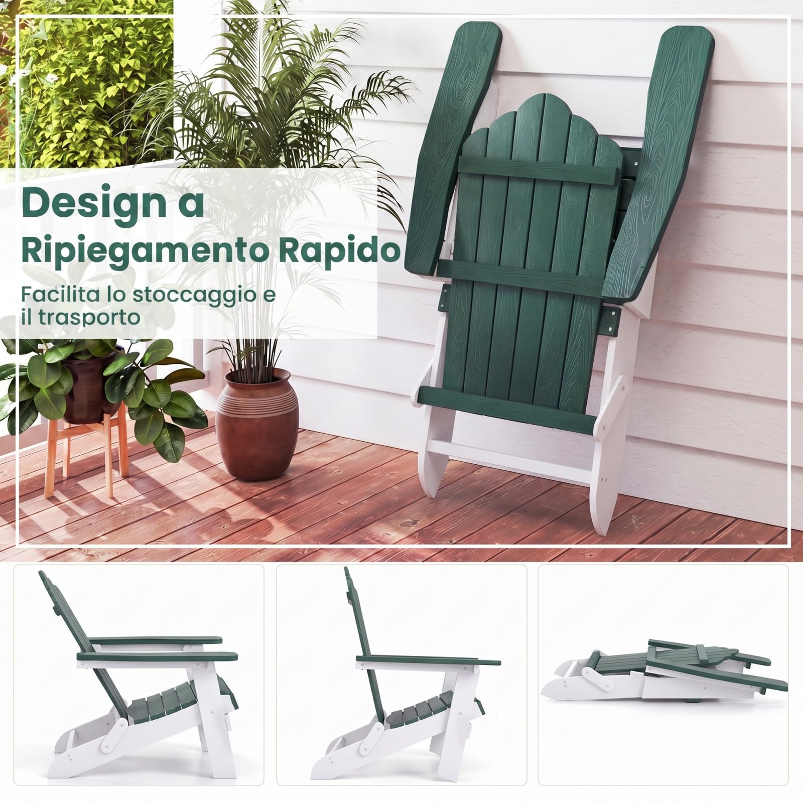 COSTWAY Sedia Adirondack Pieghevole da Giardino, Sedia da Patio in HIPS con Braccioli Larghi e Schienale Inclinato, Poltrona in Legno, per Giardino Cortile, Portata 180 kg (1, Verde+Bianco)