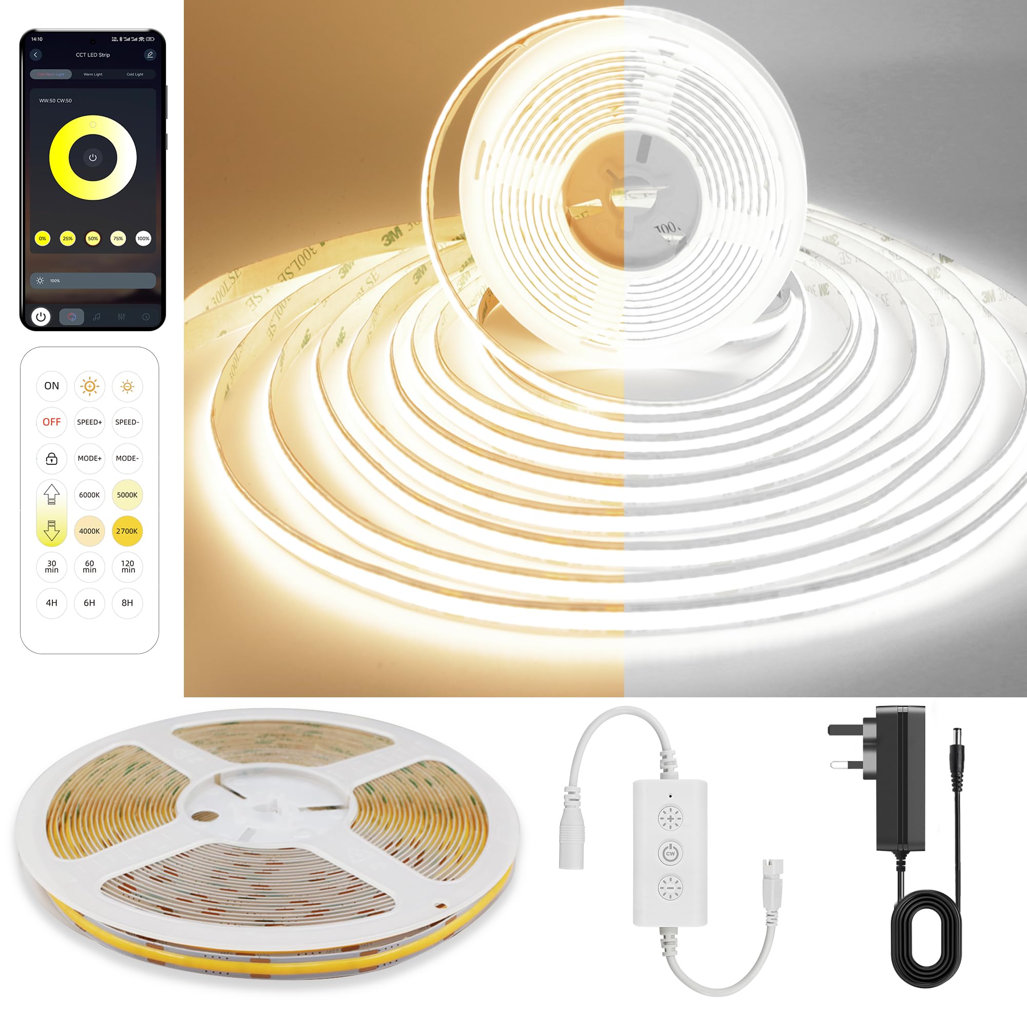 FUIQI COB LED Strip Light 5m,3pin CCT Dimmable Strips Light,2700K-6500K,8mm Wide,CRI90+ 24V Strip Lights Kit with Bluetooth APP Control/Music Mode,for Bedroom,Kitchen,DIY Lighting