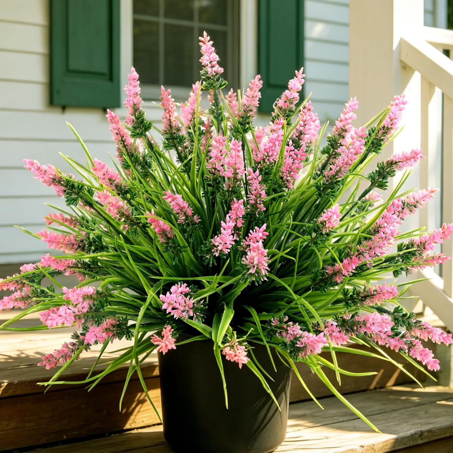 48Pcs Artificial Plants Fake Flowers Monkey Grass for Outdoors, UV Resistant Realistic Faux Greenery Shrubs with Pink Flowers for Outside Home Porch Patio Balcony Planter Yard Pathway Office Garland