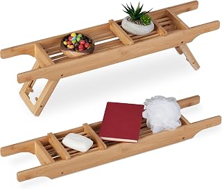 Relaxdays Badewannenablage Bambus, 69 cm breit, ausklappbare Füße, Badewannenbrett mit Seifenablage, Wannenablage, Natur