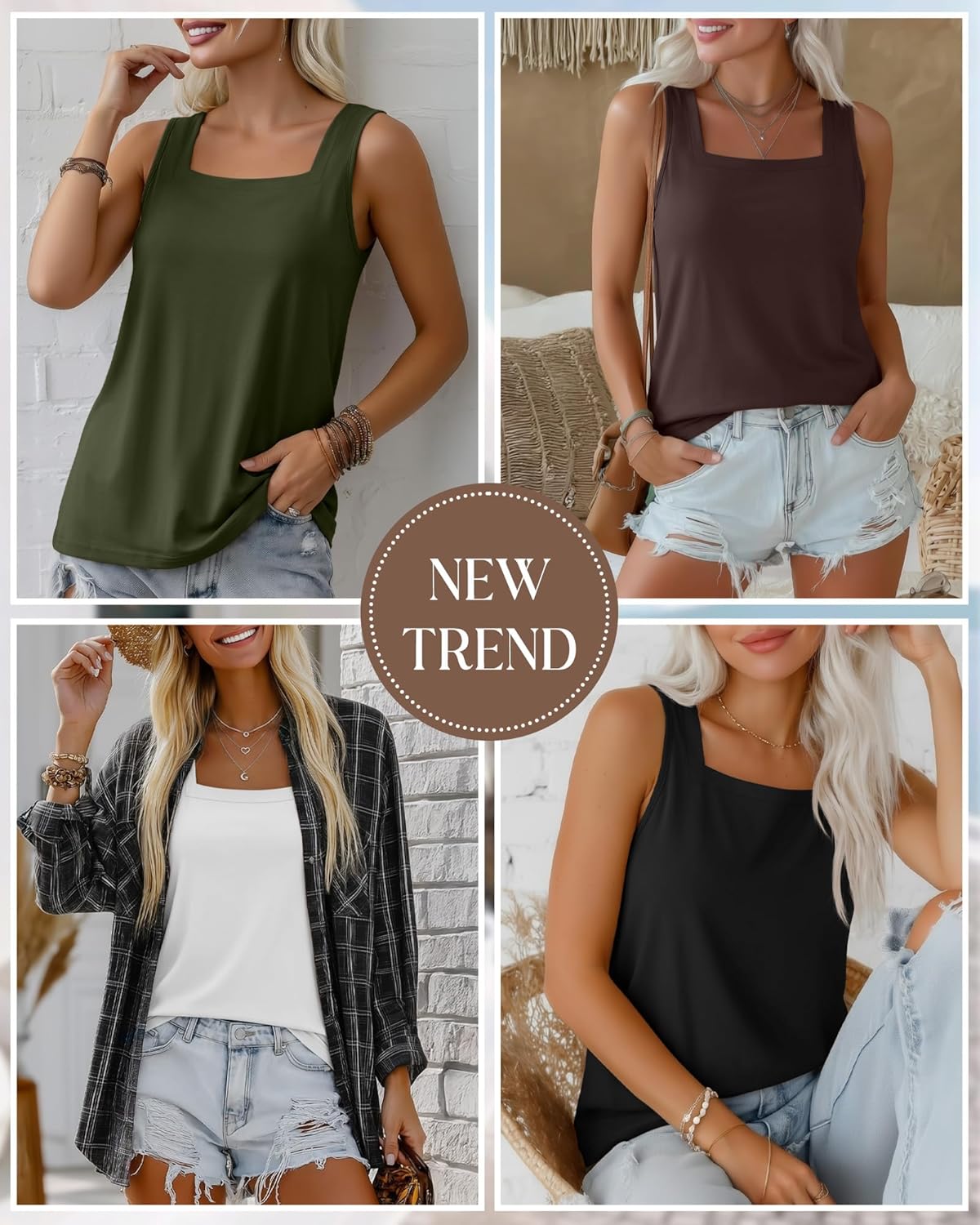 Riyiper 4 Pack Summer Women's Tank Tops Multipack Sleeveless Shirts Loose Fit Square Neck Tanks - Image 3