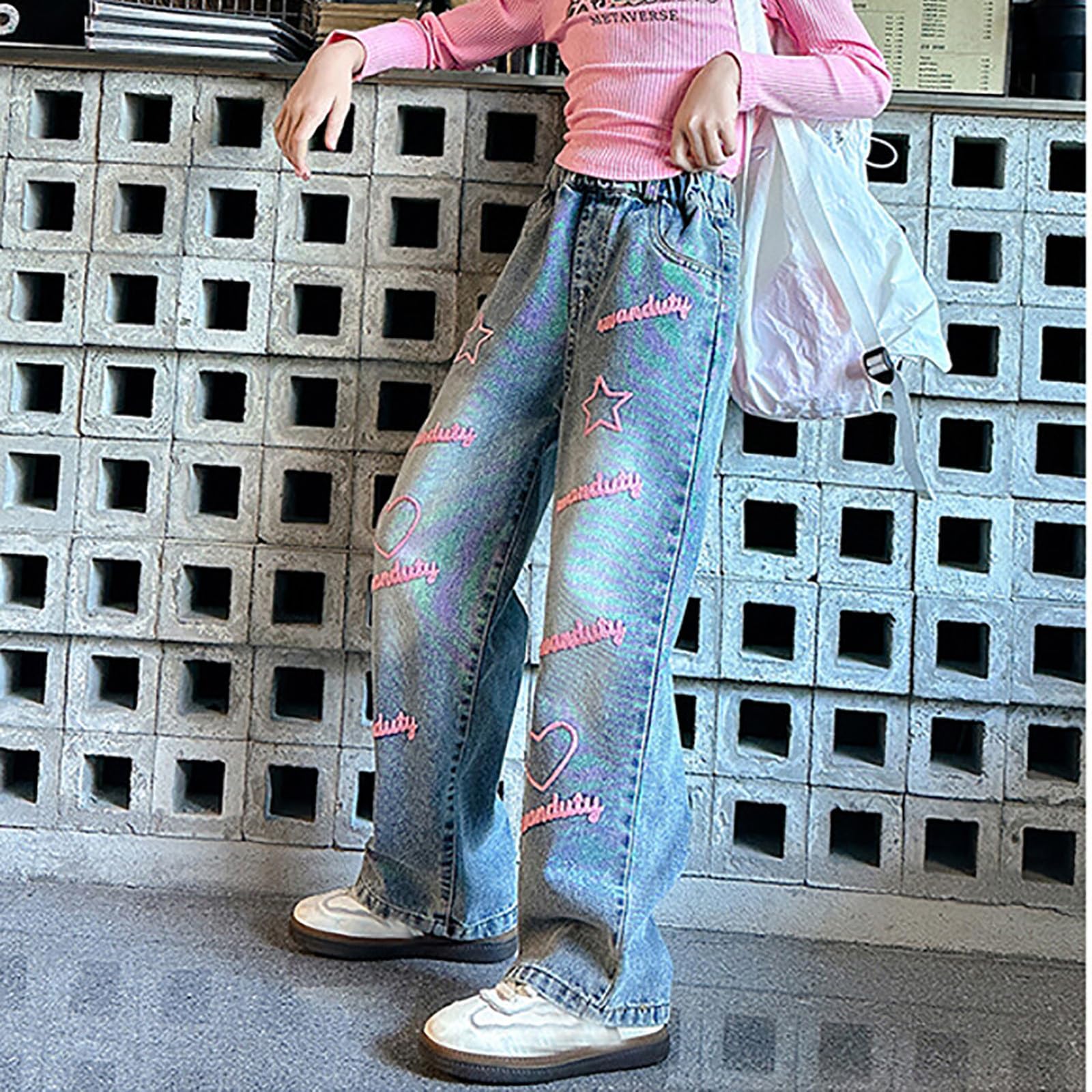 Pantalon de jogging baggy pour femme et fille - Pantalon en jean - Jambes larges - Pantalon en denim - Taille haute - Élastique - Décontracté - Avec poches - Pour enfants de 6 à 14 ans