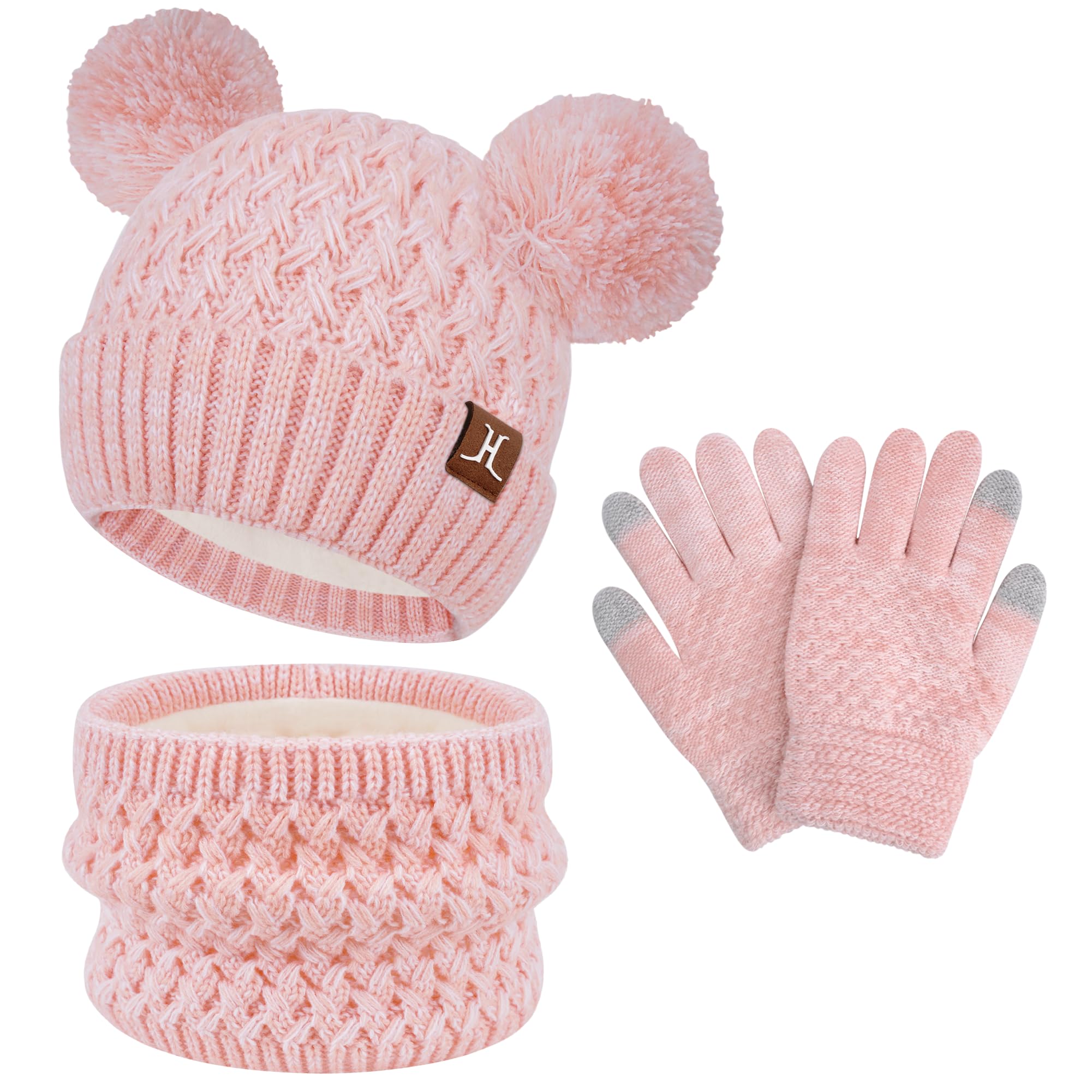 ZASFOU Bambini Cappello Invernale Sciarpa Guanti Touch Screen Set 2 3 4 5 6 7 Anni Berretto Cappelli in Maglia con Pompon Scaldacollo Guanto Regali per Ragazze Ragazzo