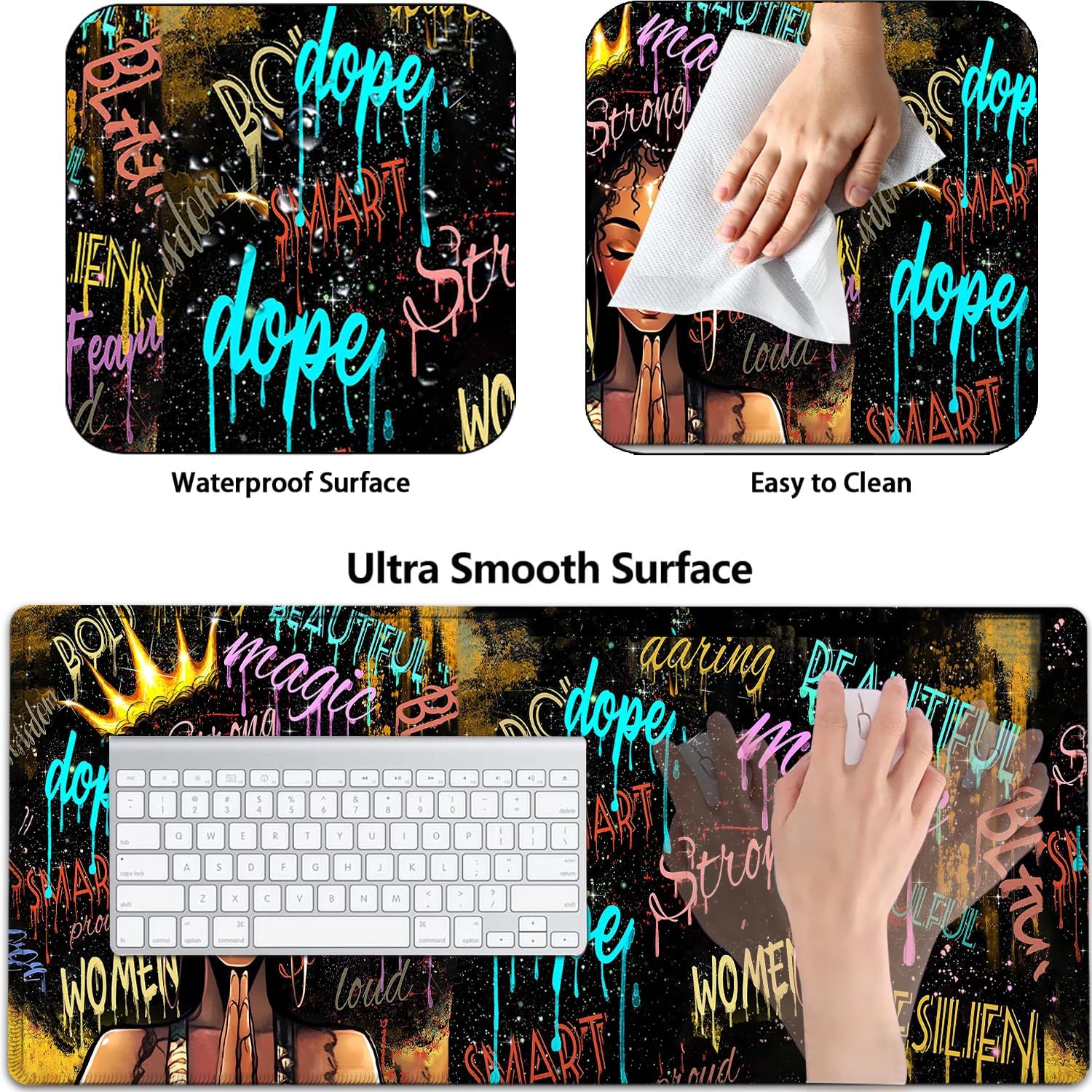Large Mouse Pad with Mouse Wrist Rest, 31.5x11.8 in Extended Mouse Mat, Ergonomic Memory Foam Wrist Rest, for Work & Gaming Writing Pad, African American Black Women Graffiti Girl Office Desk Pad