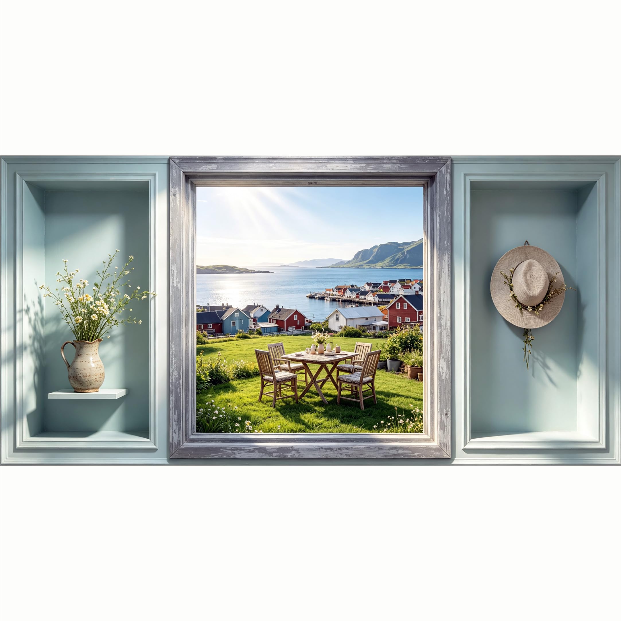 QZLITHOTIC 50x100cm 3D Framed Wall Art， Coastal Nordic Seascape Village Landscape Self‑Adhesive Mural， Water‑Activated Peel & Stick Fabric Decor Wall Decal for Bedroom Living Room