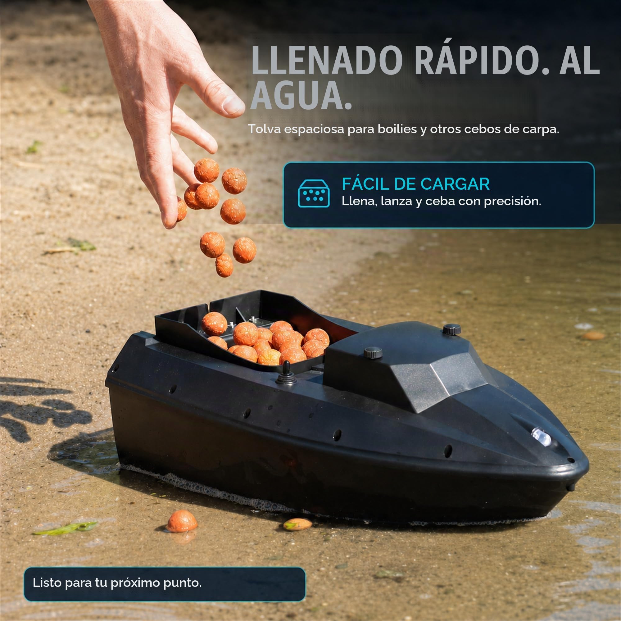 Barco cebador la Pesca de Carpas – Nuevo Modelo con Control de Crucero, 1,5 kg Capacidad de Carga, 500 m de Rango, 3 Horas de navegación, Luces LED – Barco Baitboat Carpa con Control Remoto
