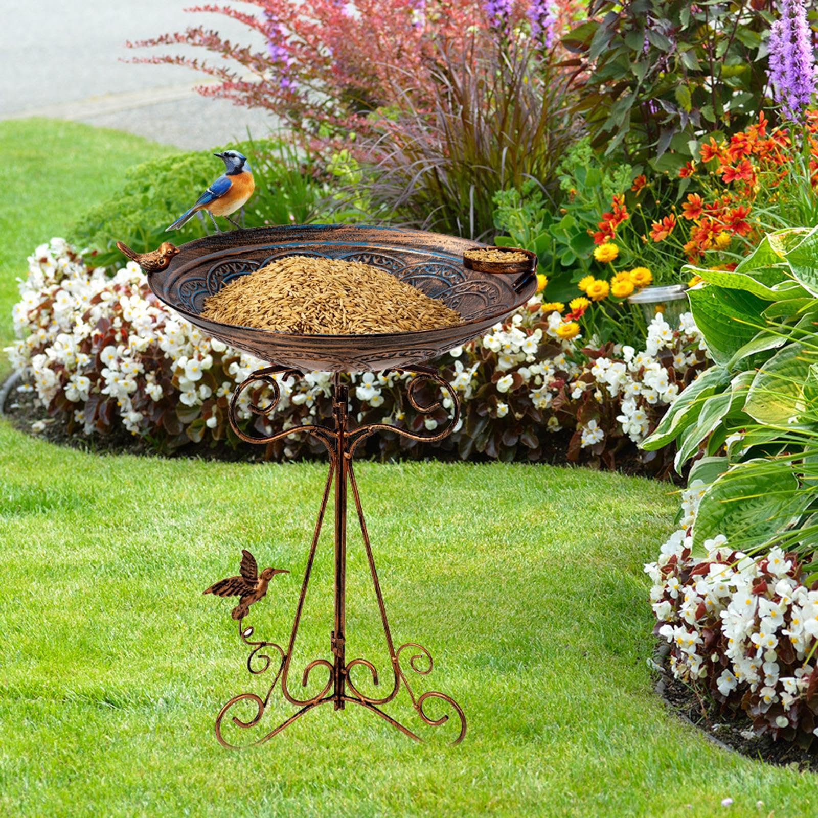 Comedero y Bebedero para Aves Silvestres de Hierro, 32 cm x 47.5 cm (12.6" x 18.7"), Fácil Instalación para Jardín
