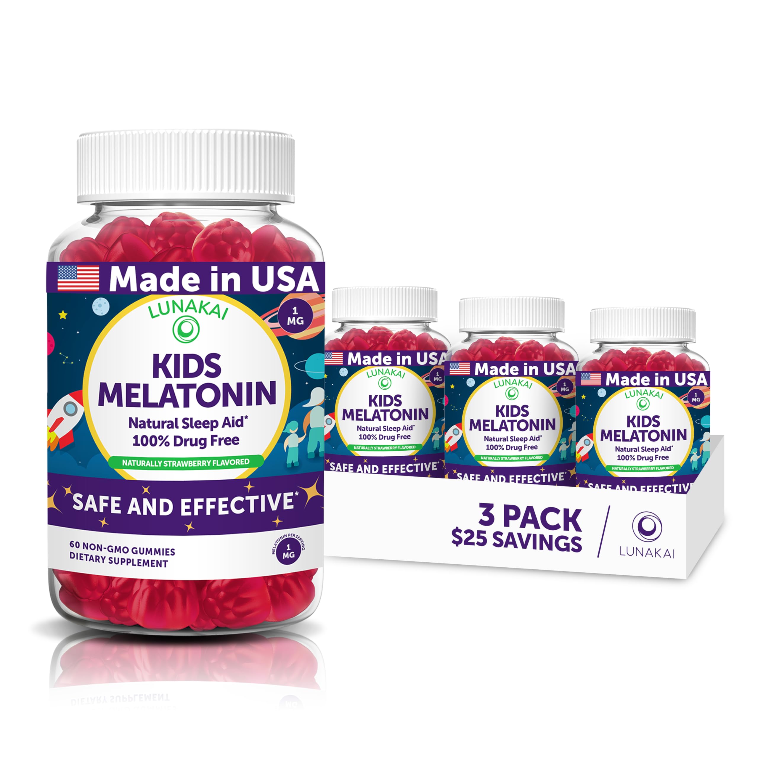 Lunakai USA Made Kids Melatonin Gummies 1mg - Safe & Natural Sleep Aid for Children 2+ - Non-GMO, Vegan, Gluten-Free - 3 Pack