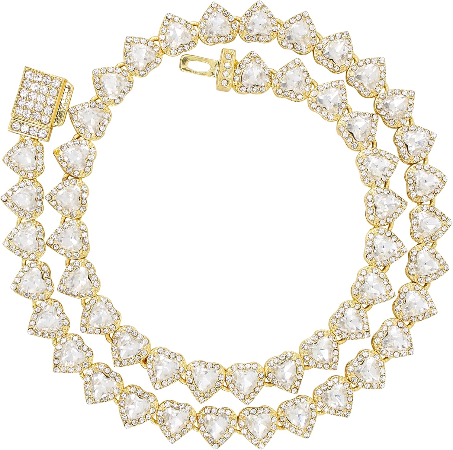 Luxurious Iced Out 10mm Ladies Heart Cluster Chains - Elegant Jewelry with Simulated Diamonds and Cubic Zirconia in Durable Alloy - in 14k Gold or Silver Tone Finish - Single Chain and Chains Combo