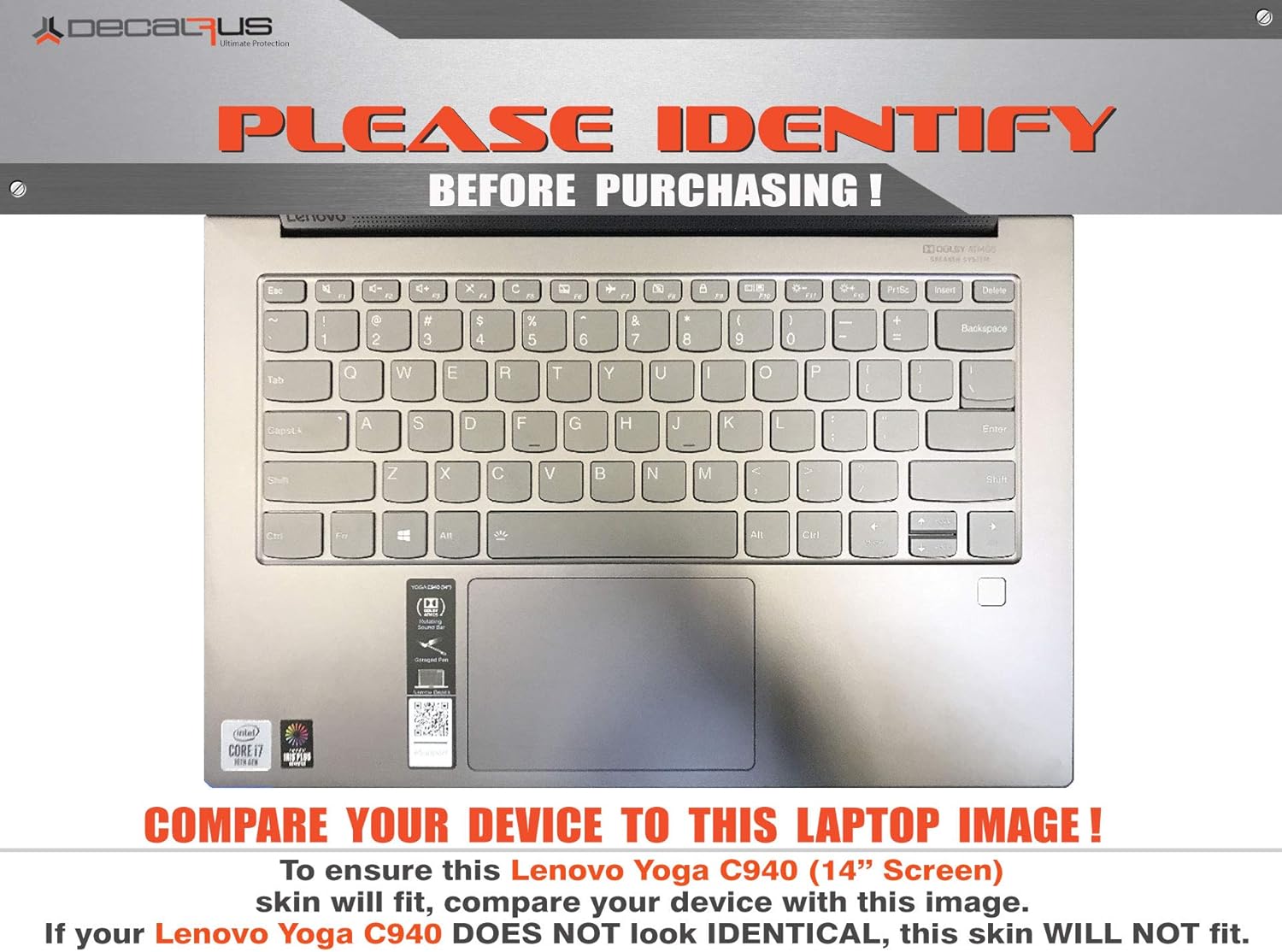 Decalrus - Protective Decal for Lenovo Yoga C940-14 (14" Screen) Laptop Crocodile Skin Pattern Texture Skin case Cover wrap CROlenovoYoga14_C940Black