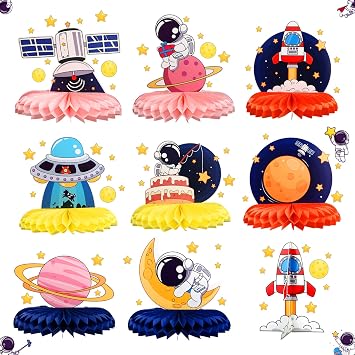9 pcs Outer Space Themed Party Honeycomb Centerpieces, Outer Space Party Decorations,Birthday Party Table Toppers,Rocket Astronaut Solar System Party Supplies