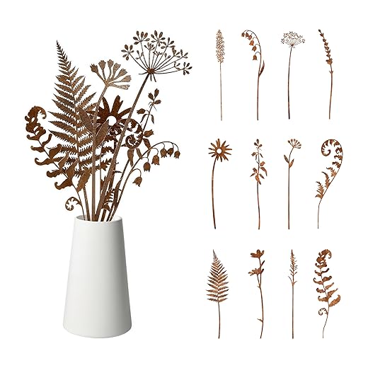 12Pcs Metal Flowers for Outside, Decorative Garden Stakes, Rusty Metal Flowers and Plants, Flower Bed Decor Plant Stakes for Lawn Yard Walkway and Flower Garden
