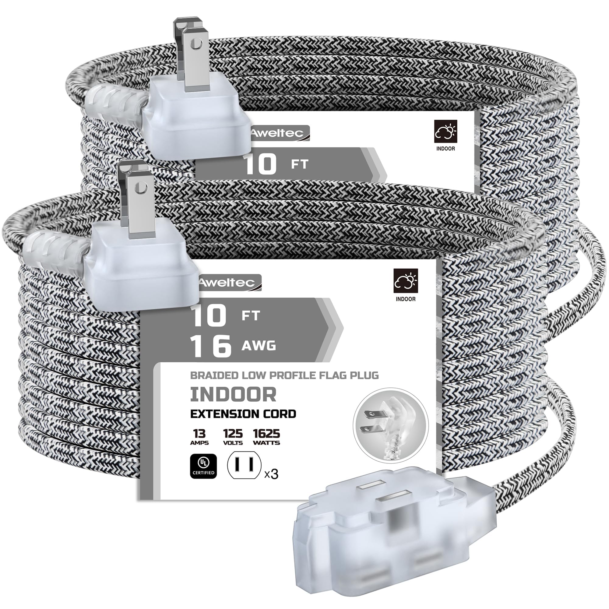 AWELTEC 2 Pack Extension Cord 3-Outlet, 10 Ft Braided Cable, 3 Polarized Outlets with Safety Cap Protect for Home Office, 16/2 SPT-2, Black/White