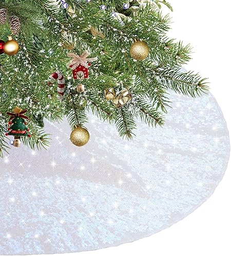 Faldón para Árbol de Navidad de Eternal Beauty, 36 Pulgadas, Blanco Iridiscente con Lentejuelas, Pequeño Faldón para Árbol de Navidad para