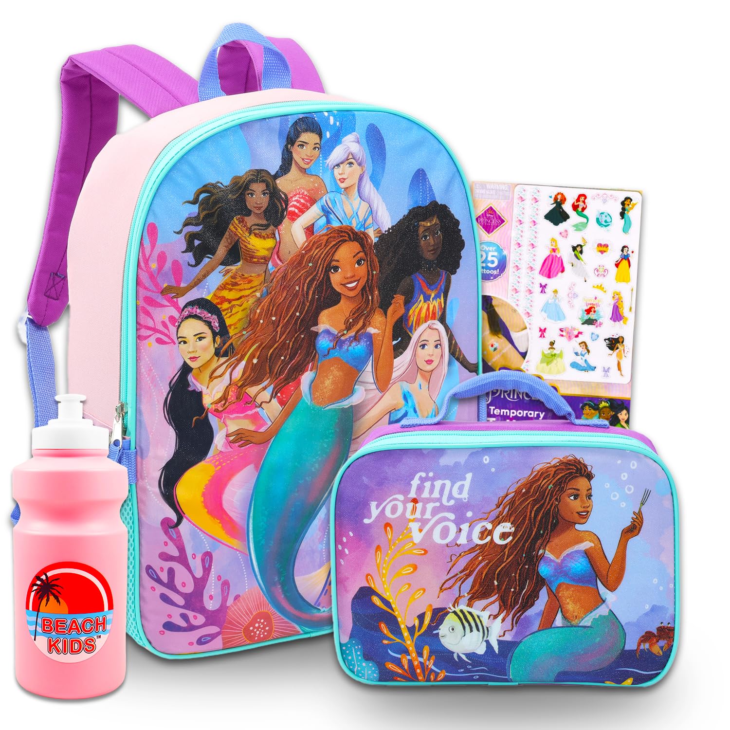 The Little Mermaid Backpack with Lunch Bag Set - Bundle of 16" Ariel Bag, Lunch Box, Bottle, More | Little Mermaid School Supplies for Kids