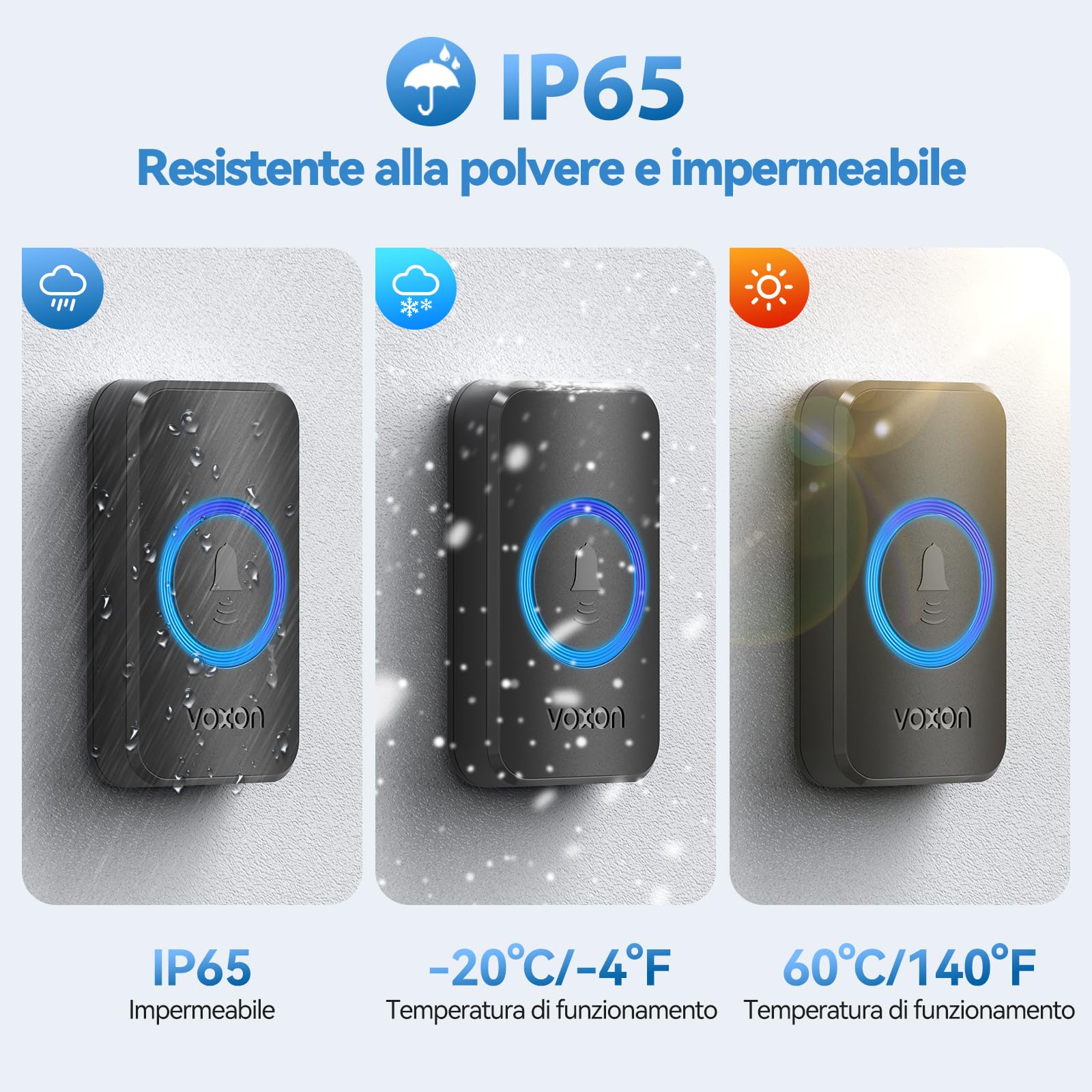 VOXON Campanello Senza Fili, Wireless Campanello con 2 Ricevitori Plug-in e 1 Trasmettitore, Portata 400M, IP65 Impermeabile, 60 Melodie con Flash LED, Doorbell per Casa e Ufficio (Nero)