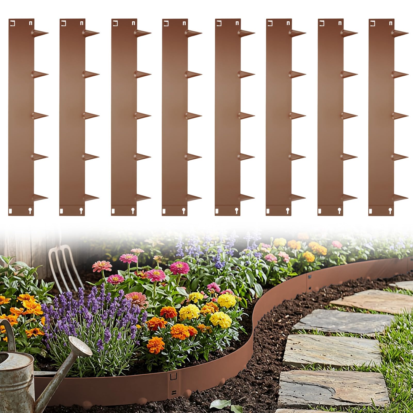 The Fellie 8.5M Lawn Edging, Galvanised Steel Garden Border Edging Rustproof Landscaping Pathway Edge, Flexible Edging 24cm High (16cm Face Height), 8 Pack Corten