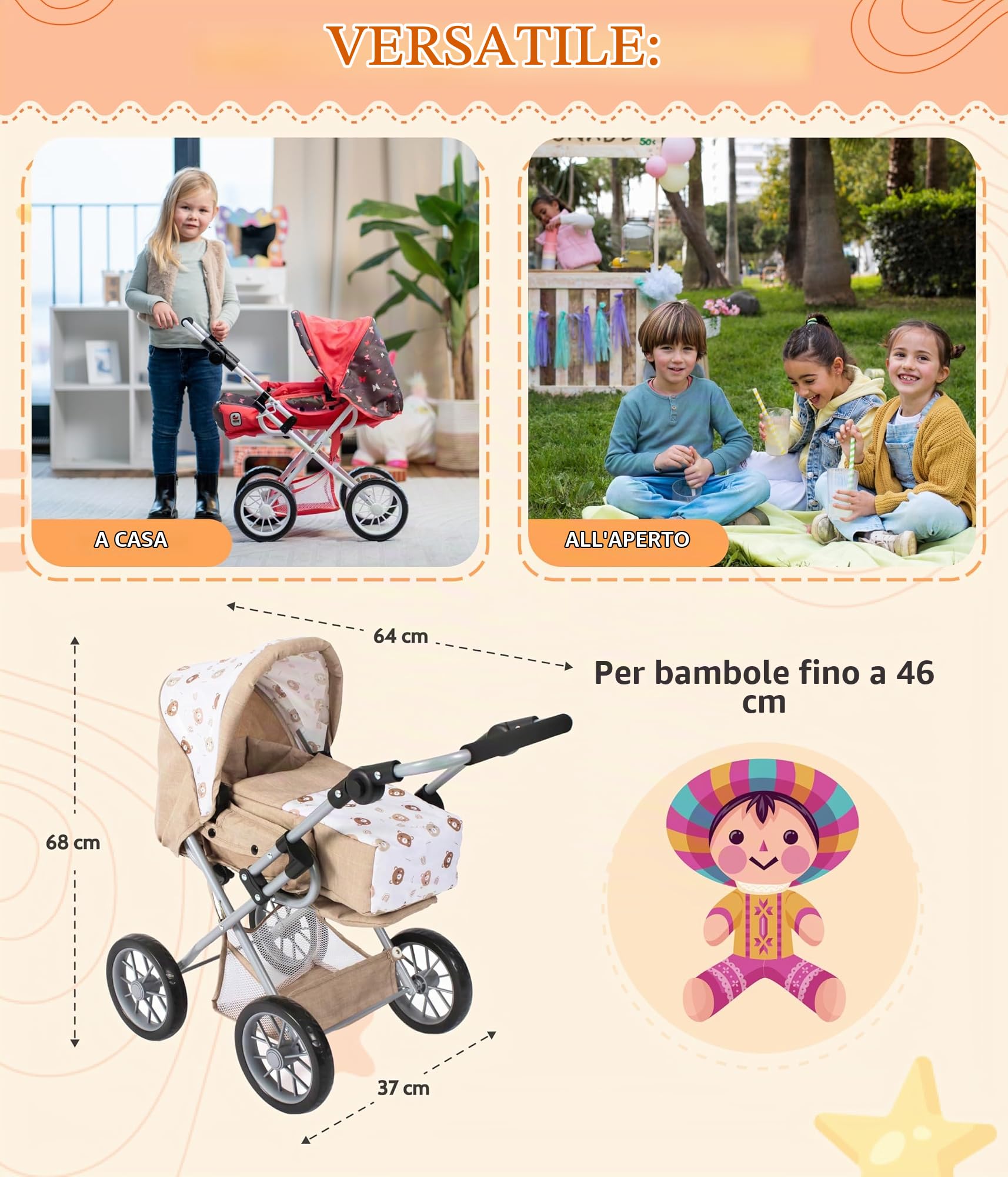 Bayer Chic 2000® Carrozzina combinata 3 in 1 Leni – orsetto beige – pieghevole, manico regolabile in altezza 43 – 67 cm, borsa per il trasporto – Bambole fino a 46 cm, a partire da 3 J
